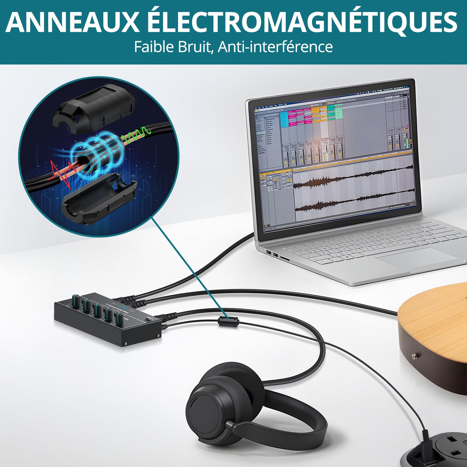 Mini Mélangeur Audio 4 Canaux Stéréo/Mono, 3,5 mm + 6,35 mm avec Contrôle du Volume Indépendant, Faible Bruit, USB Type-C pour Guitare, Clavier, Micro, Casque, PC
