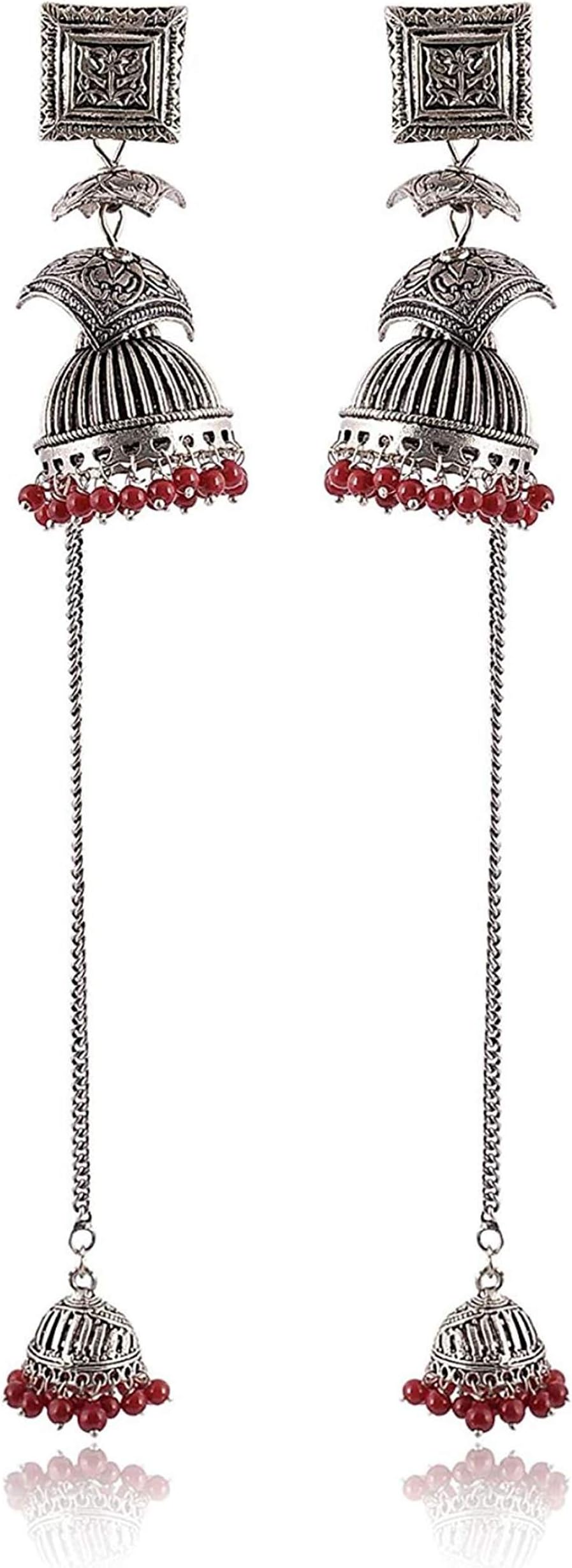 Subharpit Maroon Pearl Oxidized Silver Metal Indian Jhumka Jhumki Earrings (Kashmiri Jhumka)