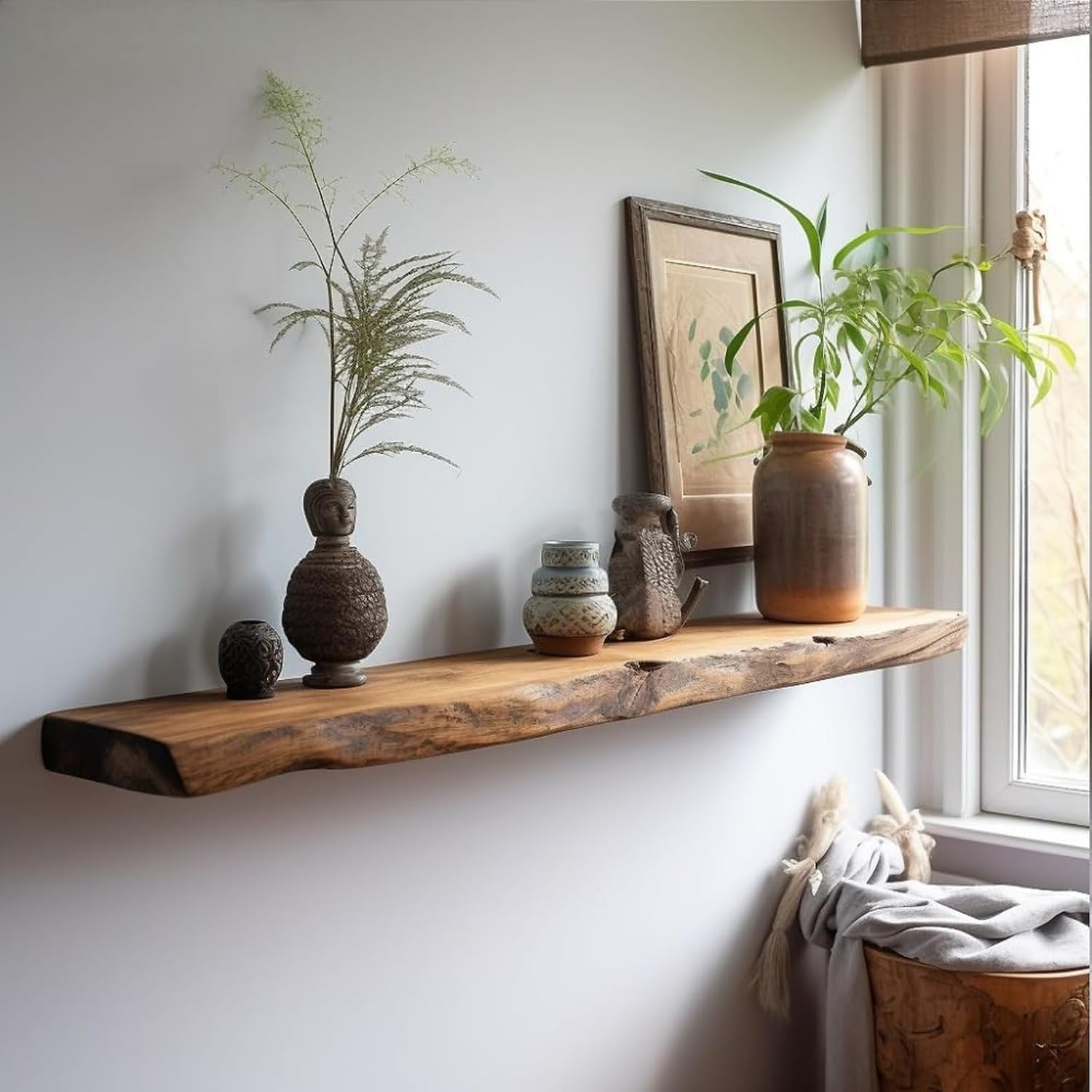 Wooden Floating Wall Shelf Rustic Wood Floating Shelves Wall Mounted Storage Shelves for Bathroom Living Room Bedroom Kitchen Decor(80cm, Brown)