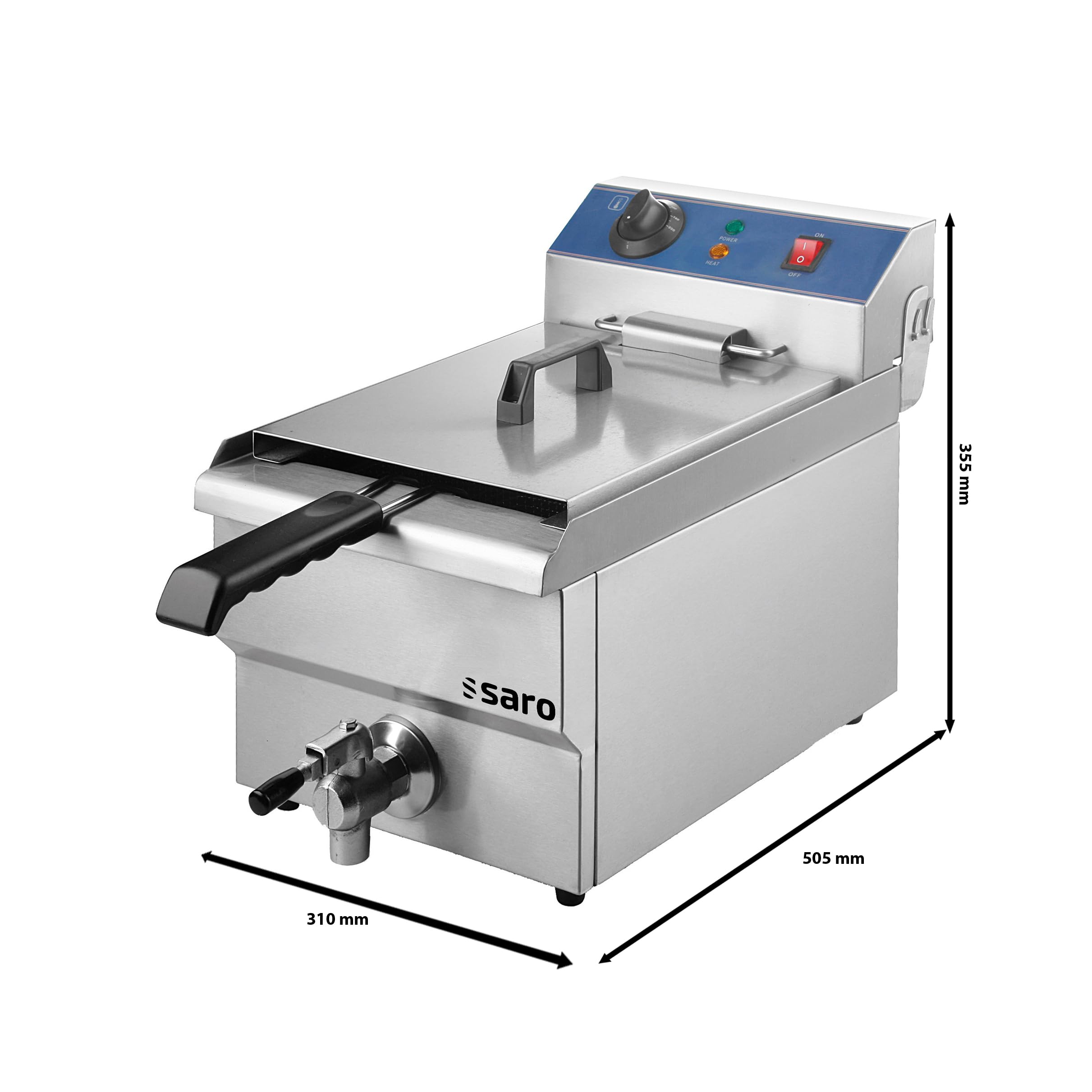 SARO FT 13 - Friggitrice da 13 l, con rubinetto di scarico, vasca arrotondata con zona fredda, regolazione della temperatura da 0 a 180 °C, elemento riscaldante estraibile, da 3,3 kW