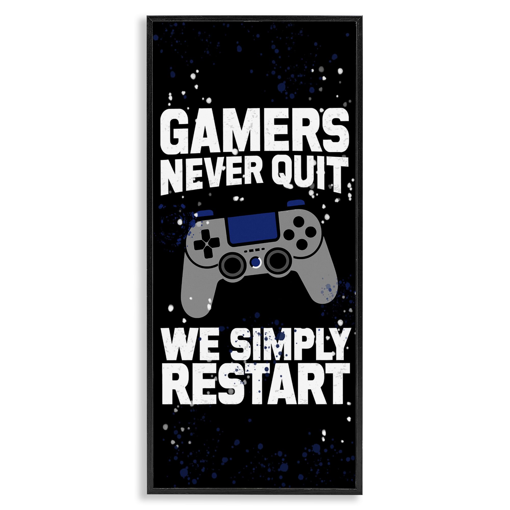 Stupell Industries Midnight Black (Textured) Never Quit Simply Restart Gamer Quote, 10 X 24 Inch Framed Giclée Print