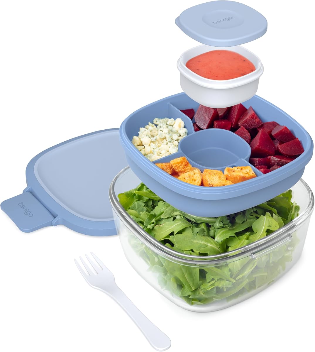 Bentgo Glass Salad Container with Airtight Lid & Leak-Proof Sauce Cup | 7.6-Cup Salad Bowl, 4-Compartment Bento Tray & Reusable Fork, BPA-Free for Meal Prep, Office & More (Light Blue)