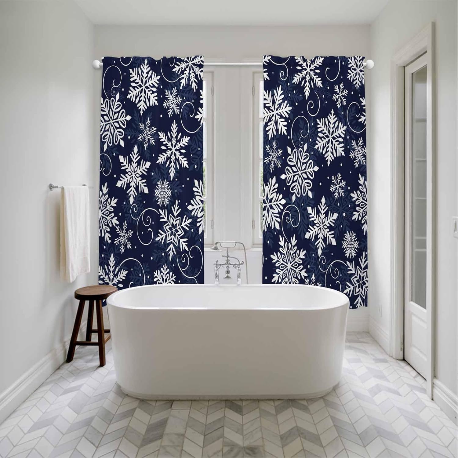 Navy Blue Snowflake Christmas Window Curtains 72 Inch Long 2 Panel Set, Rod Pocket Long Curtains & Drapes, Xmas White Snowflake Light Filtering Window Treatment for Bedroom Living Room 52"W x 72"L