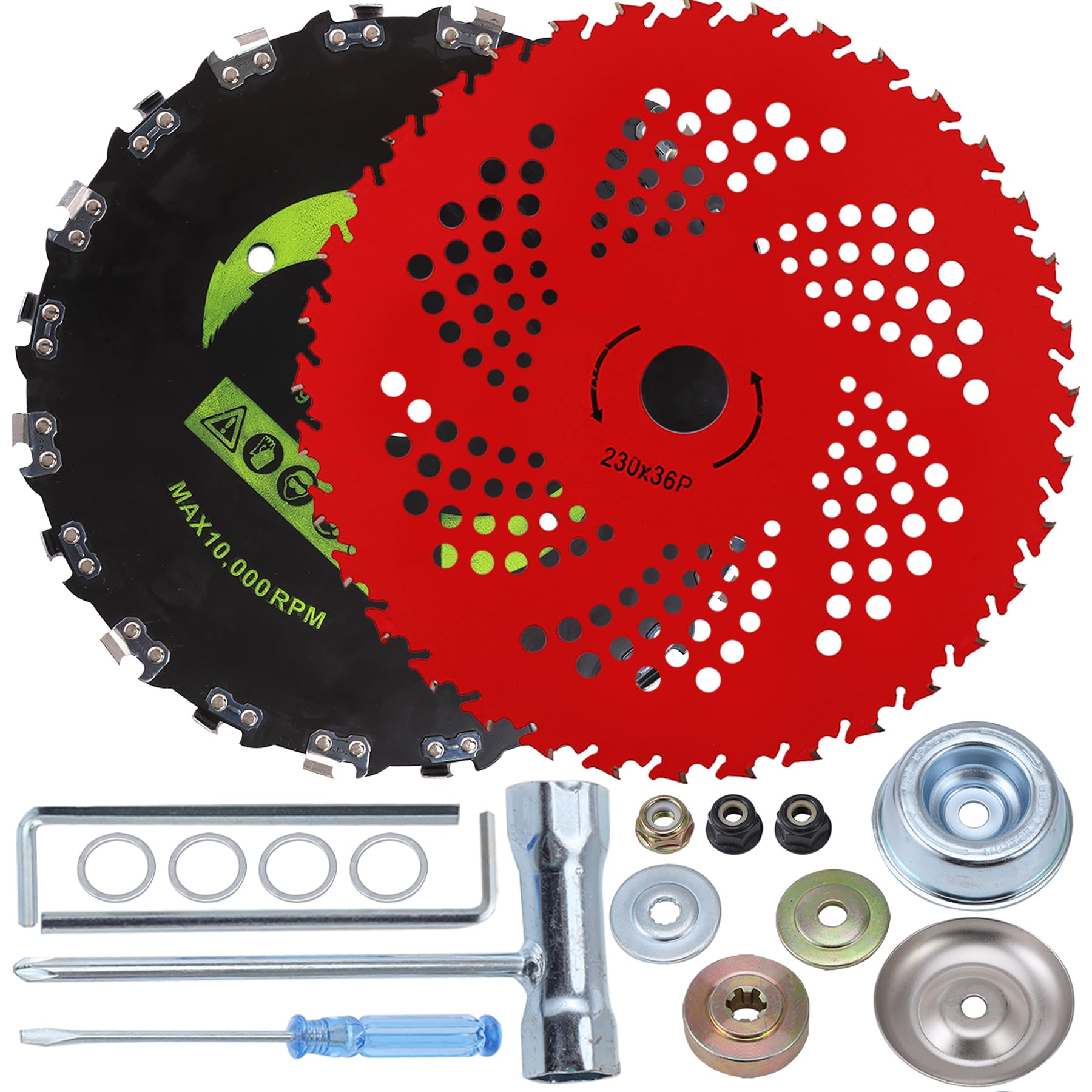 PLAXNS Cortador de dientes de motosierra de 9 pulgadas x 20T y cuchillas con punta de carburo de 9 x 36 dientes, con kit de adaptador universal, cabezal de recortadora de acero inoxidable de alta