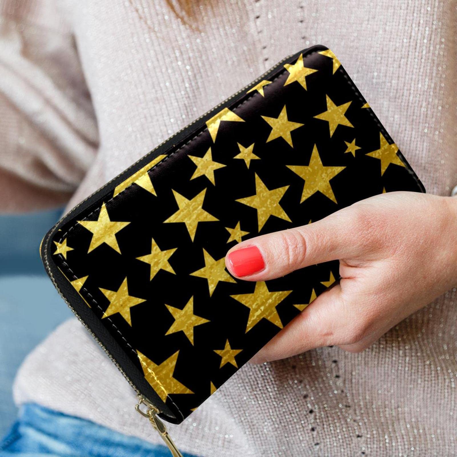 Cartera larga de piel con cremallera y fondo negro con estrellas, Varios colores, 20.5x2.5x11.5cm/8.07x1x4.53 in, Classic