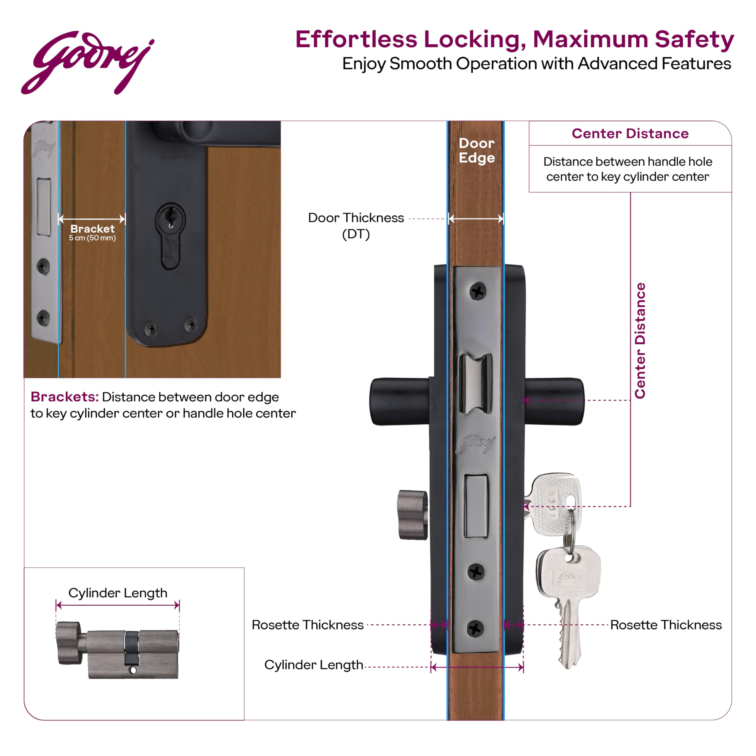 Godrej Mortise Lock | BM 09 Handle Lock Set | 200 mm Lockbody | Europrofile Cylinder 60mm Knob from Inside | for Home & Office | Matte Black Finish | 3Keys | Double-Throw Deadbolt | 1 Year Warranty — Amazon image 8