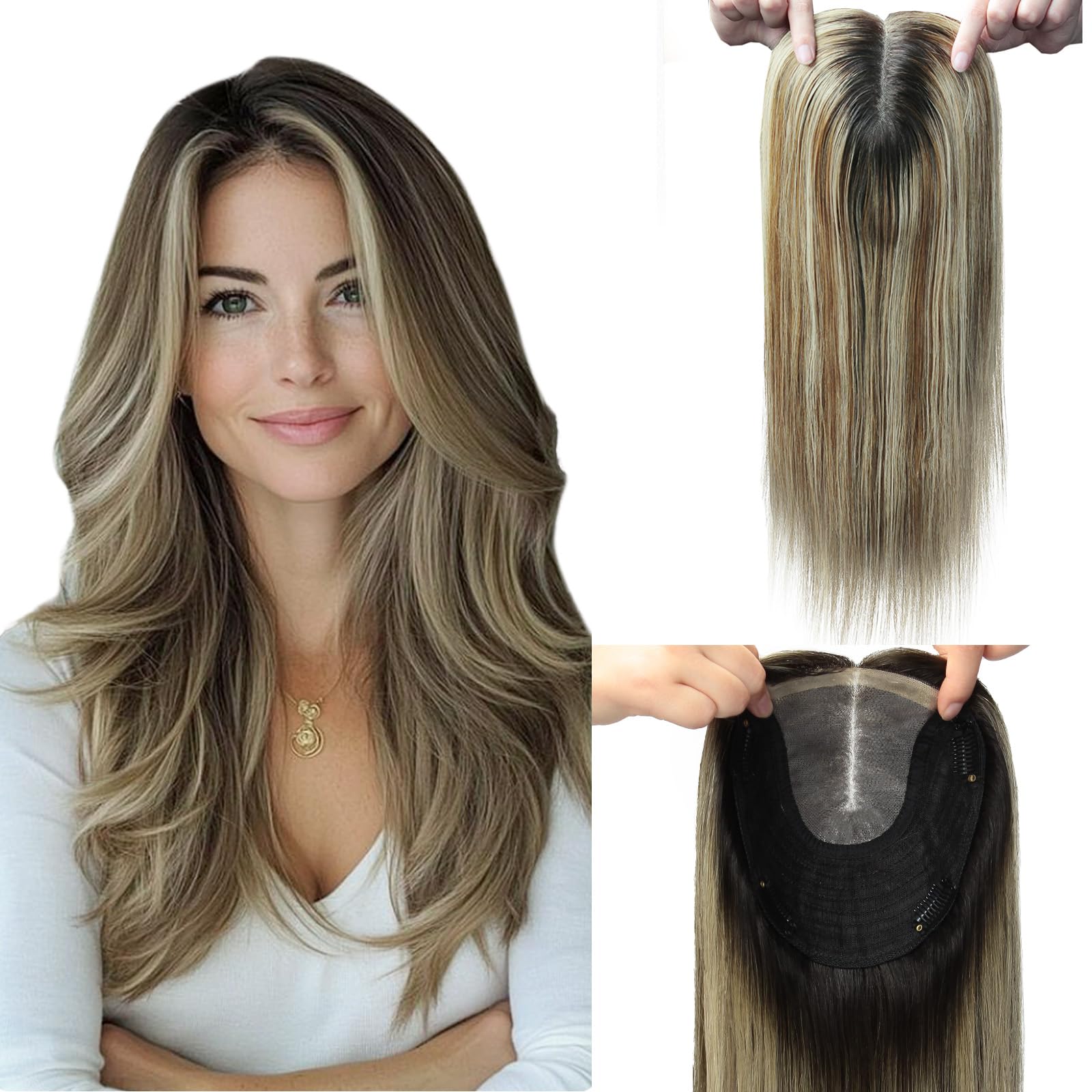 Hair Toppers for Women Real Human Hair 6x7inch Large Base 360°3D Human Hair Toppers for Women Natural Black Ombre Dark Brown Mix Blonde 65g Add Volume 14inch (#1B/4/27 Toppers-14inch)