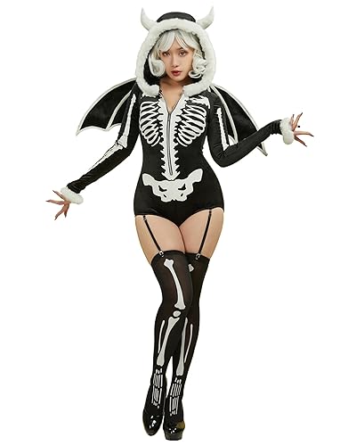Mobbunny Women's Gothic Skull Style Romper Onesie Pajamas Halloween Skeleton Costume with Wings Hooded Short Jumpsuit  - Black