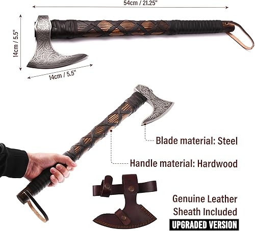 Vista 2 de Hacha barbuda vikingo auténtica, acero al carbono 1095, dureza RC 55-58, incluye cubierta de cuero, 21.6 pulgadas