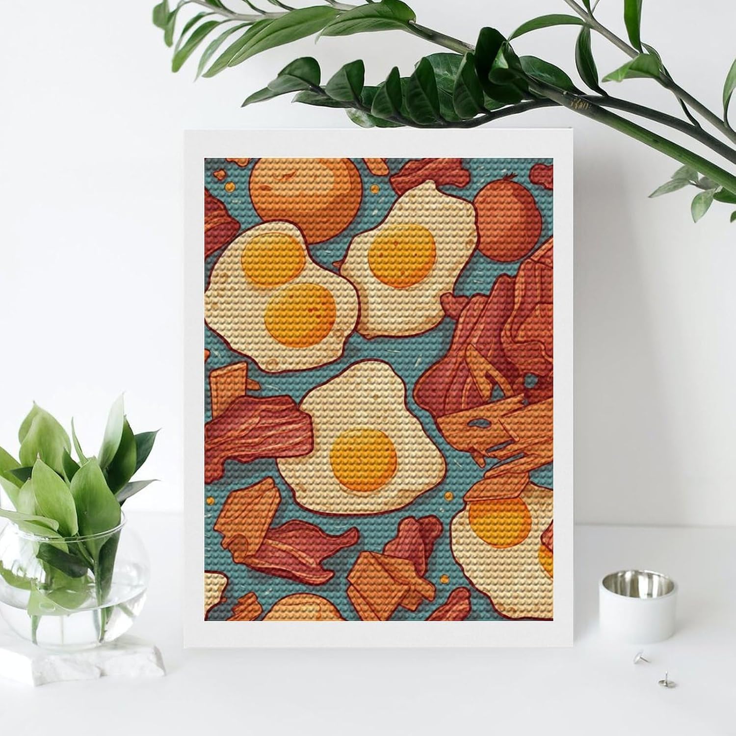 Fried Potatoes Bacon Eggs Pancakes Custom Diamond Art Kits for Adults Round Full Drill Picture for Home Decoration