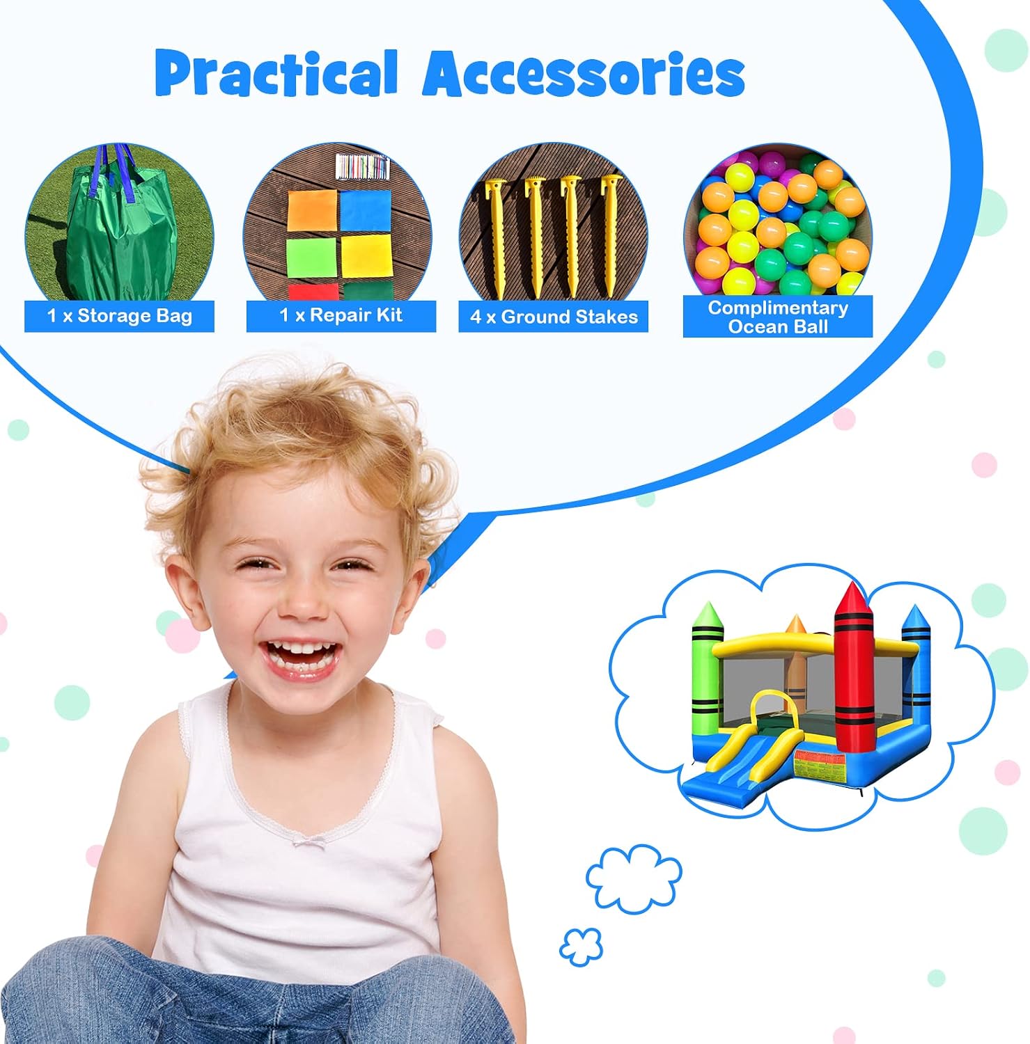 HONEY JOY Inflatable Bounce House, Crayon Theme Bouncy House for Kids w/Large Jumping Area, Indoor Outdoor Bouncing Castle House, Including Oxford Carry Bag, Repair Kit(Crayon Without Blower)