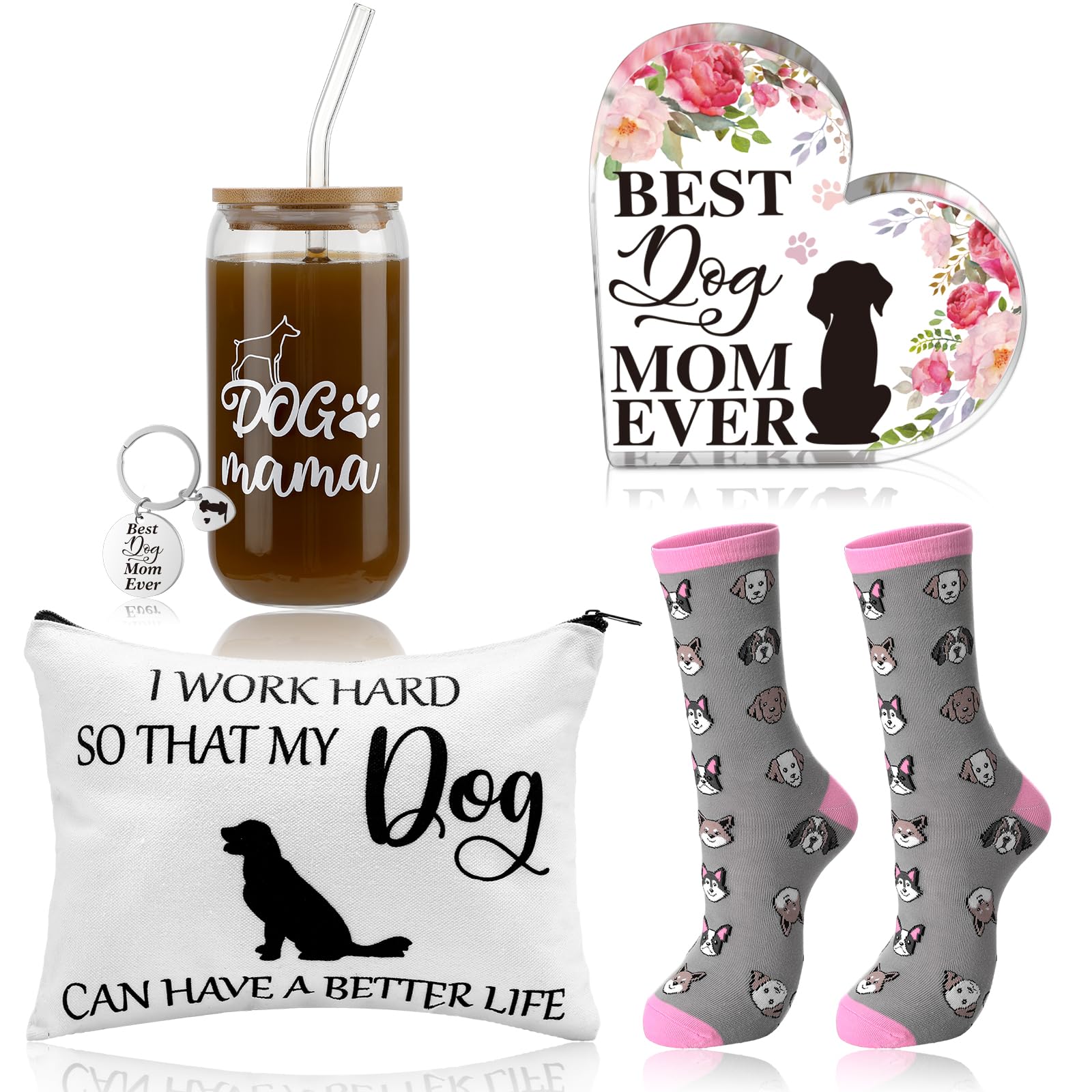 Croknit Christmas Dog Mom Gifts for Women Gift for Dog Lovers Animal Themed Basket with Cosmetic Bag Socks Keychain 16 oz Coffee Glass Stocking