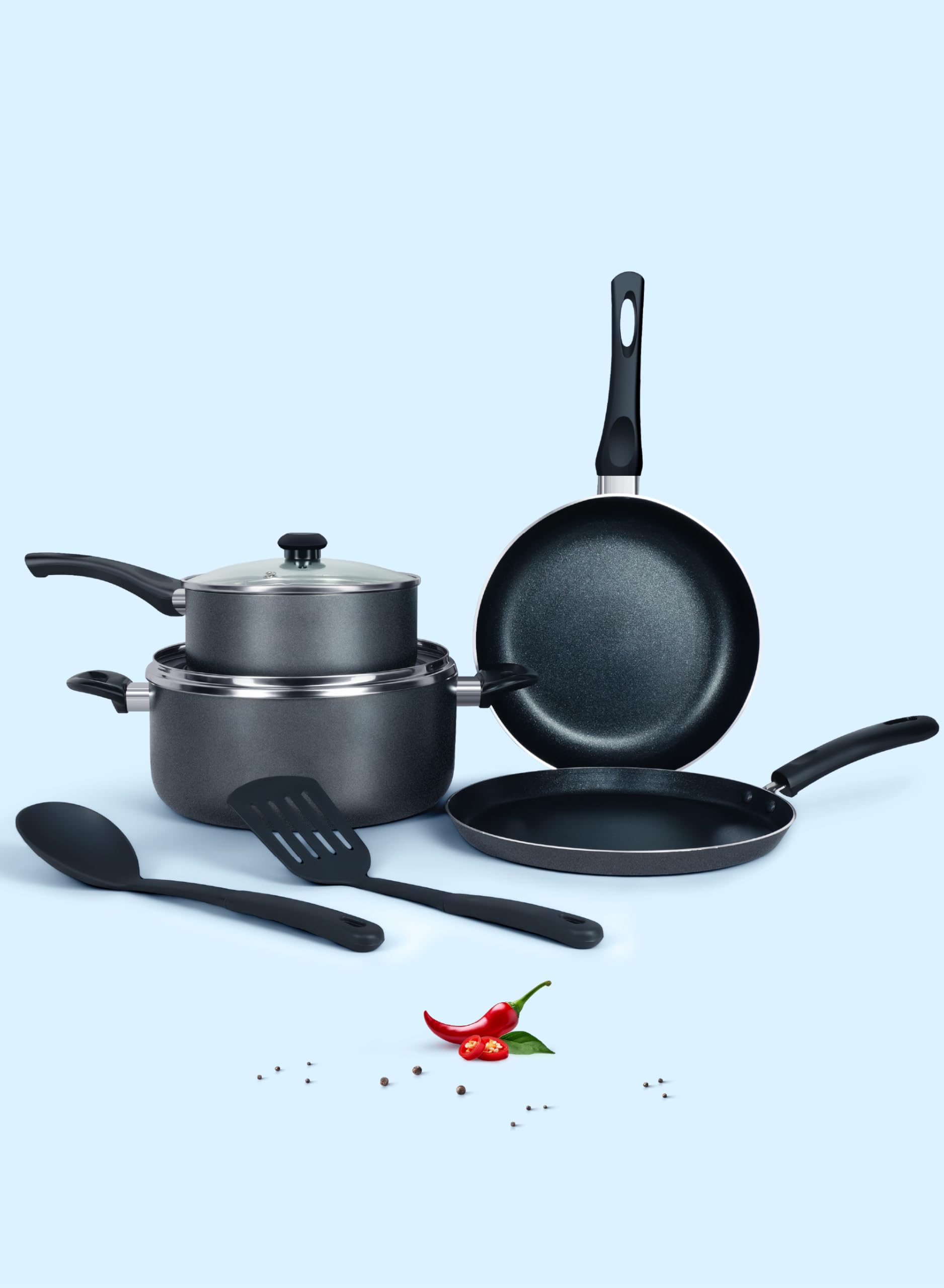 DELICI8Pcs Nonstick Cookware Set with10X TougherCoating, Hot Plate, Halogen,Ceramic&GasCompatible – Includes 24cm Saucepan with Glass Lid, 24cm Frypan, 26cm Tawa Pan, 18cm Milk Pan and 2 NylonTurners