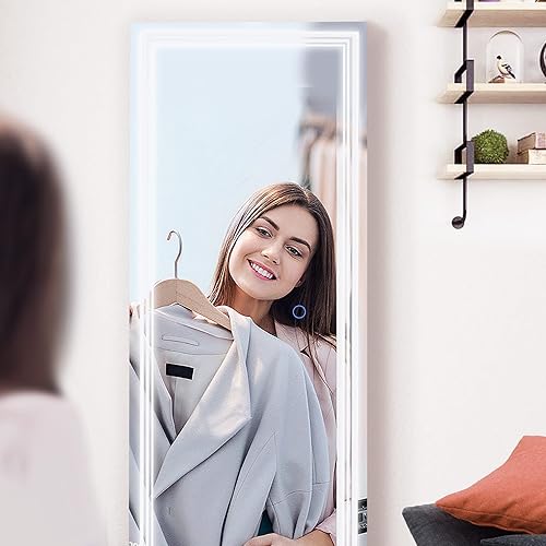 Miniatura 7 de Tektalk Armario de joyería con 3 lámparas de espejo de ranura espejo de longitud completa organizador de armario de joyería montado en la pared con