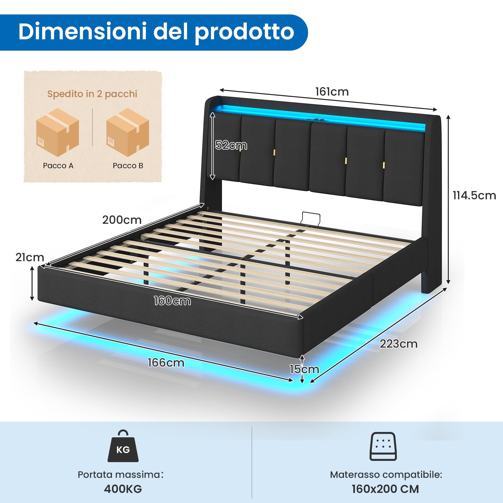 Letto matrimoniale 160x200cm Flottante Testiera Imbottita, LED, USB, Grigio