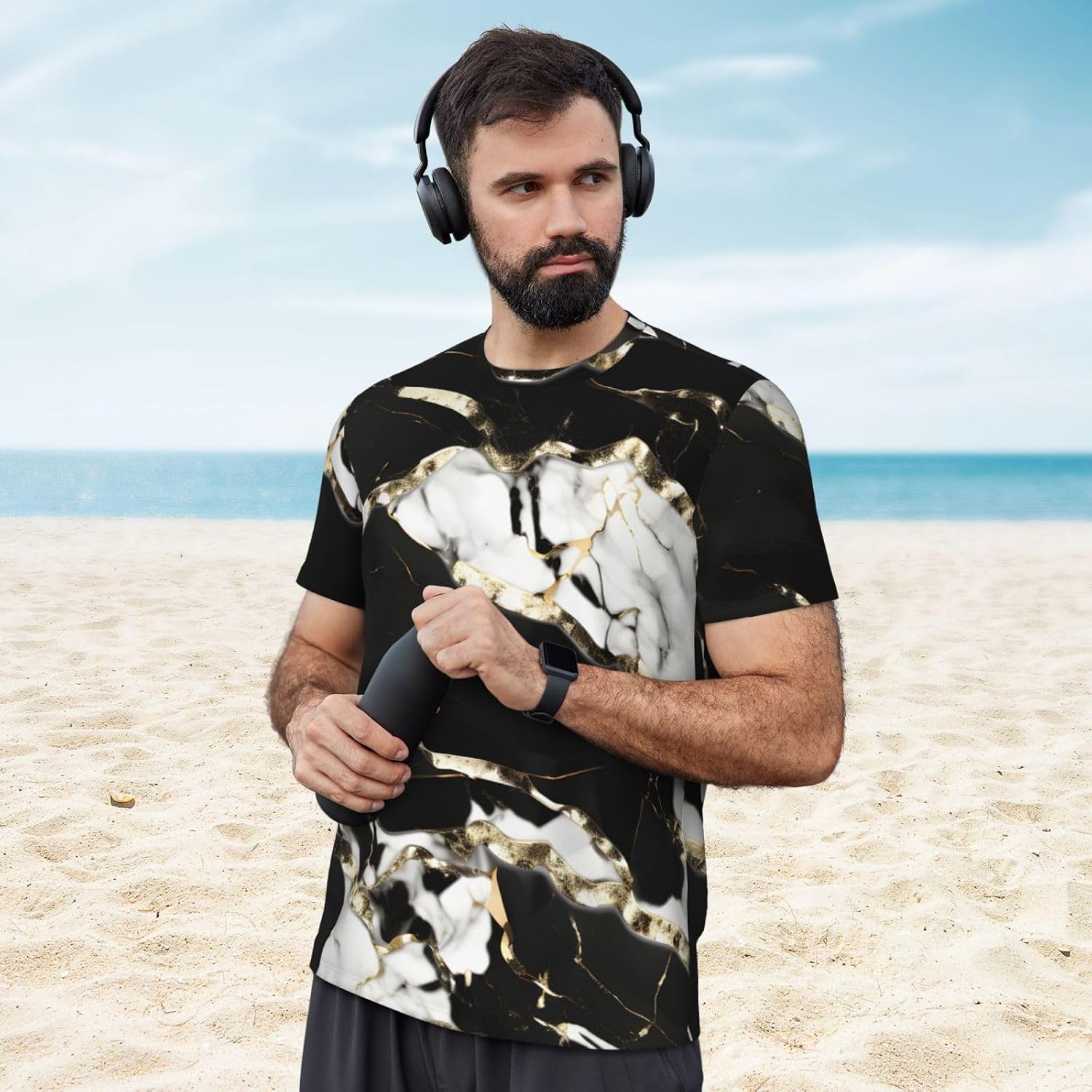 Black and White Marble Texture Print Mens Short Sleeve Mesh T-Shirt Breathable Athletic Gym Running Casual Sports Wear