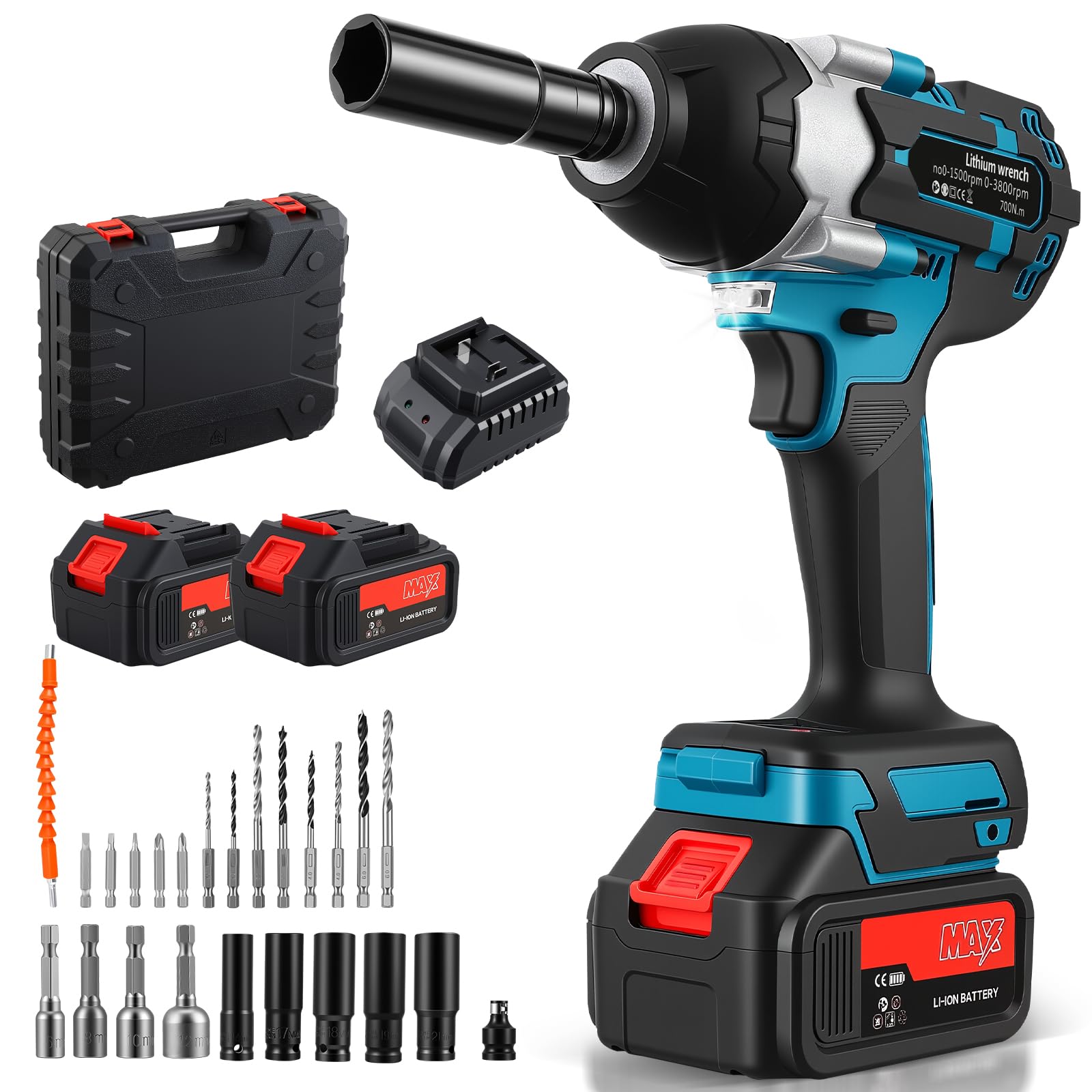 Pistola de impacto bateria 700N Llave de impacto con 2 baterías, 3 Velocidades variables, LED Llave de impacto a bateria, Parada de freno, para Reparación de Automóviles, Bricolaje