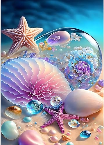 SENQAO Kits de pintura de diamantes de playa para adultos, taladro completo redondo, conchas de mar, estrellas de mar, kits de arte de diamantes,