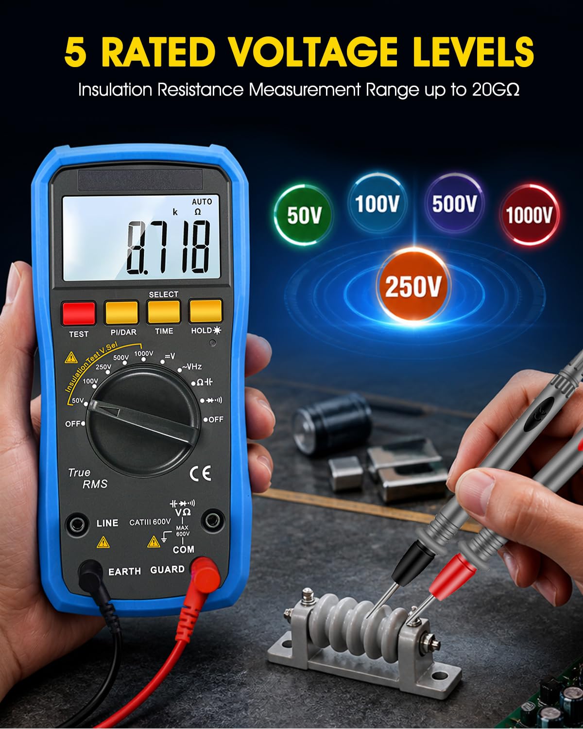 Megohmmetro Multimetro, Tester di Resistenza Isolamento 0,05 MΩ–20 GΩ, Tensione Nominale 50 V–1000 V, Test PI/DAR, CA/CC, Resistenza Capacità per Apparecchiature Elettriche, Trasformatori, Motori