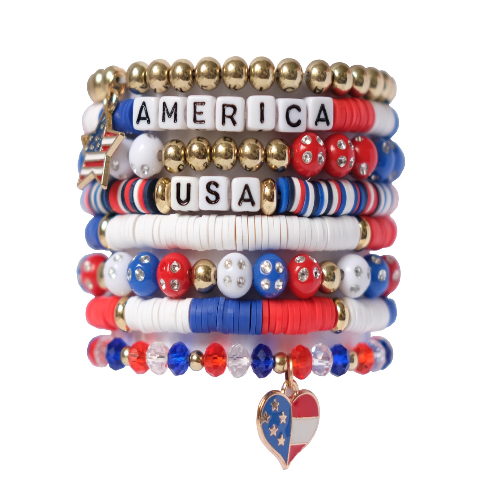 Generic 8PCS 4th of July Bracelets Handmade Heishi Clay Bead Bracelets Stackable Jewelry Accessories for Women Men Independence Day Gifts, adjustable