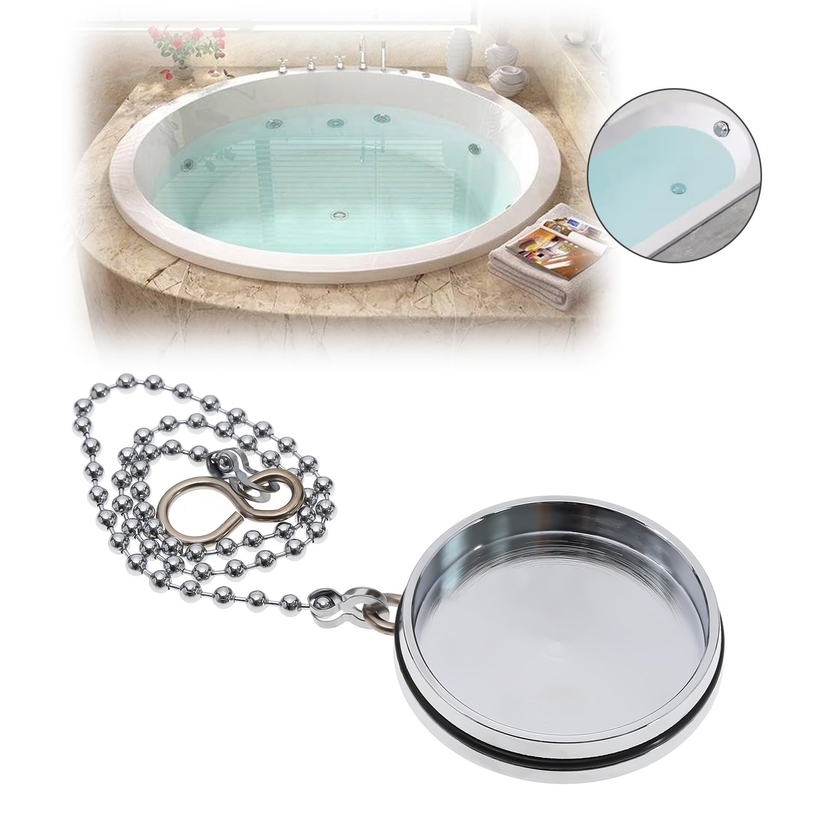 Sifone Per Vasca Da Bagno Cromato Con Catena - Tappo A Palla In Acciaio Inox, Diametro Flangia 6,2 Cm, Lunghezza Catena 44 Cm