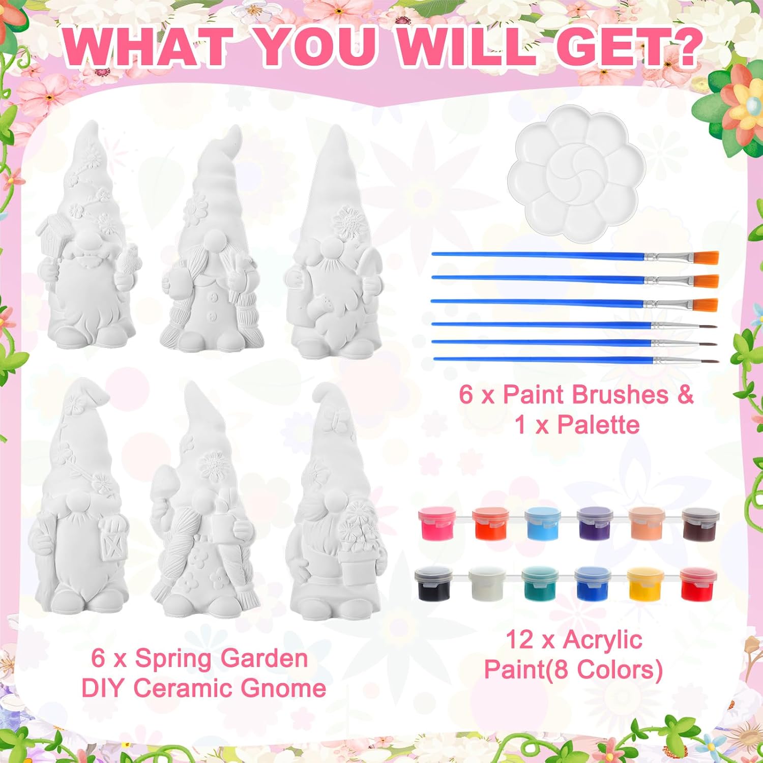 Arrowbash 6 Pcs Garden Ceramics to Paint Ready to Paint Your Own Gnome Statues 5.12 Wildflowers Theme Paintable Figurines DIY Unpainted Ceramics Plaster Crafts Kit with Brush Palette