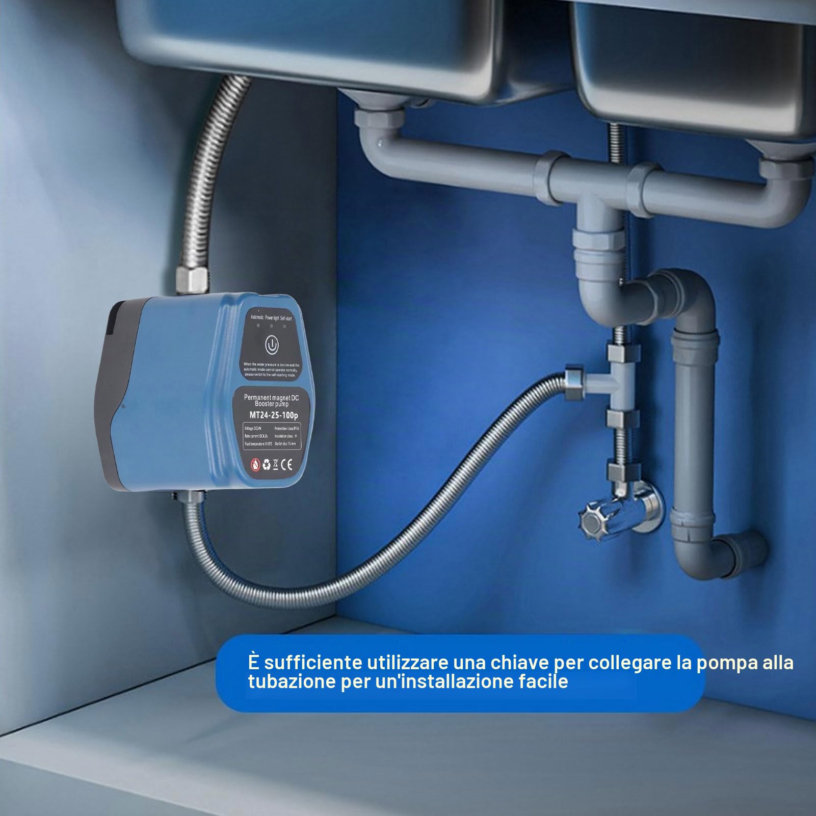 Pompa Booster per Pressione Acqua in Doccia Automatica con Rilevamento Intelligente e Protezione da Carenza Acqua, 100W 24V 25L IP56 (Spina Europea)