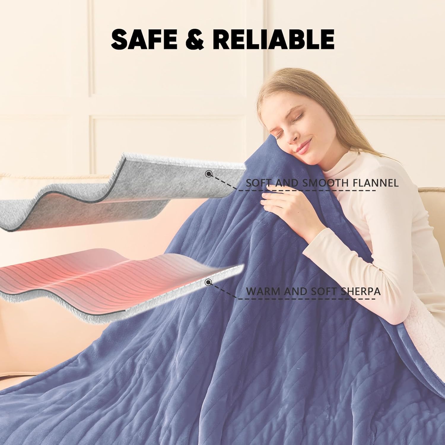 greenoak Heated Blanket Electric Twin 62"X84", Heating Blanket with 10 Heat Levels 1/2/4/6/8 Hours Auto-Off, Soft Flannel Sherpa Warm Heater Christmas Blanket, Sea Blue - Image 7