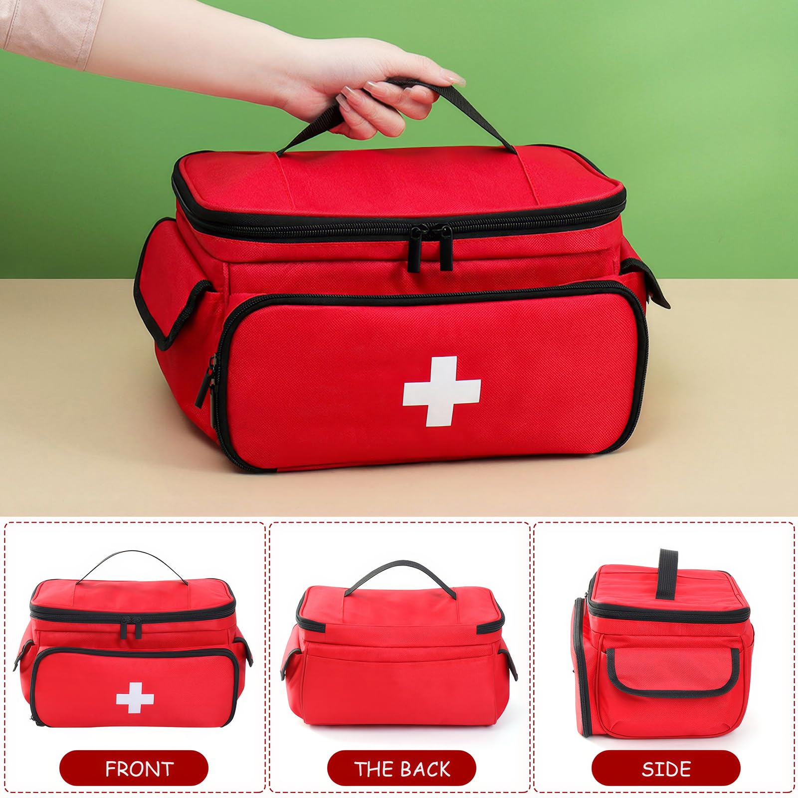 OUZHOU Erste Hilfe Tasche Leer, Erste Hilfe Set Aufbewahrungstasche, Notfalltasche Arzttasche mit Griff, Reiseapotheke Medikamententasche, Hausapotheke First Aid Kit für Zuhause, Büro, Outdoor Rot