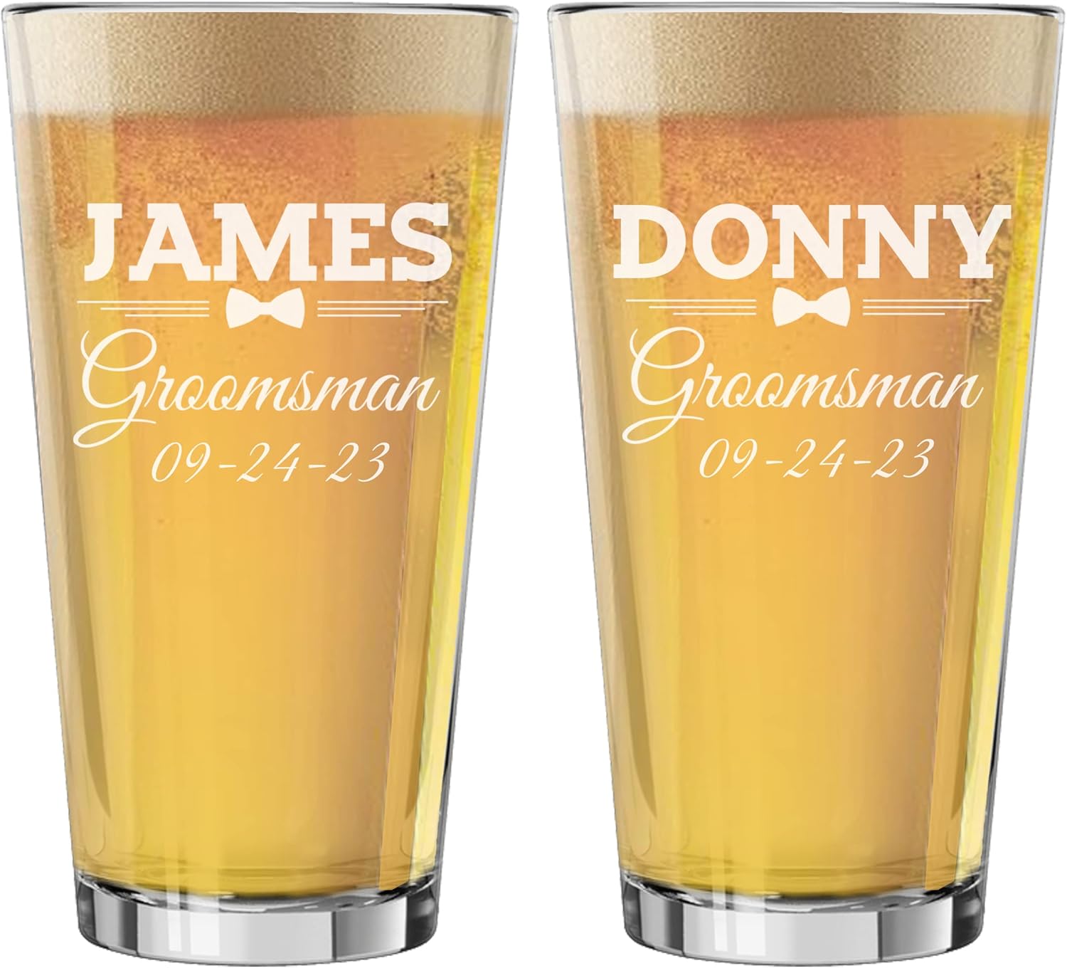 Set of 3, Set of 5, Set of 7 and more Groomsman Wedding Party 16 oz Pint Beer Glasses - Custom Engraved and Personalized - Bow Tie Style (8)