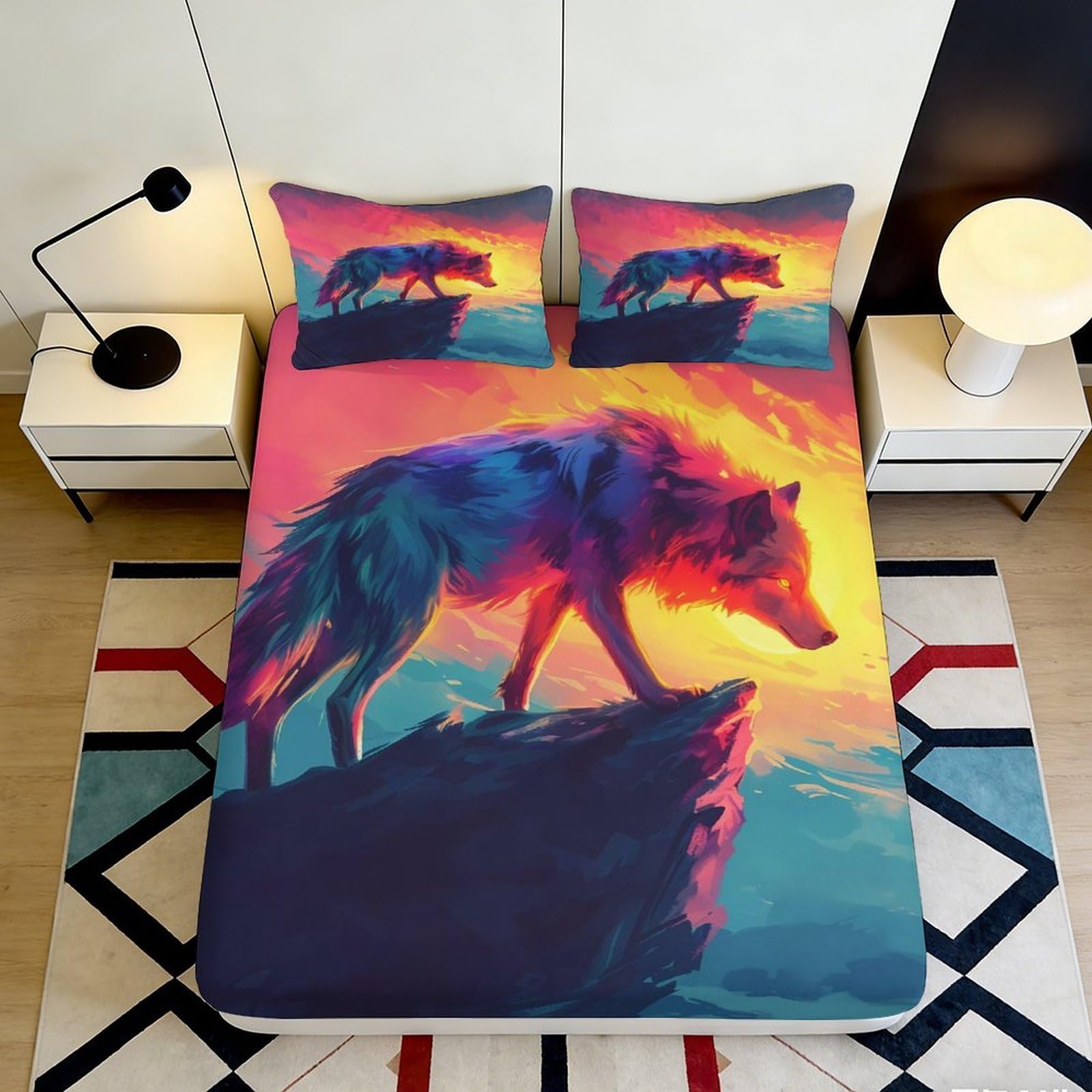 3D Printed Colorful Wolf Fitted Sheet Microfiber Soft Breathable Sunset Landscape Bed Cover for Bedroom Dormitory Guest Room Mattress Protection 160x200x25cm