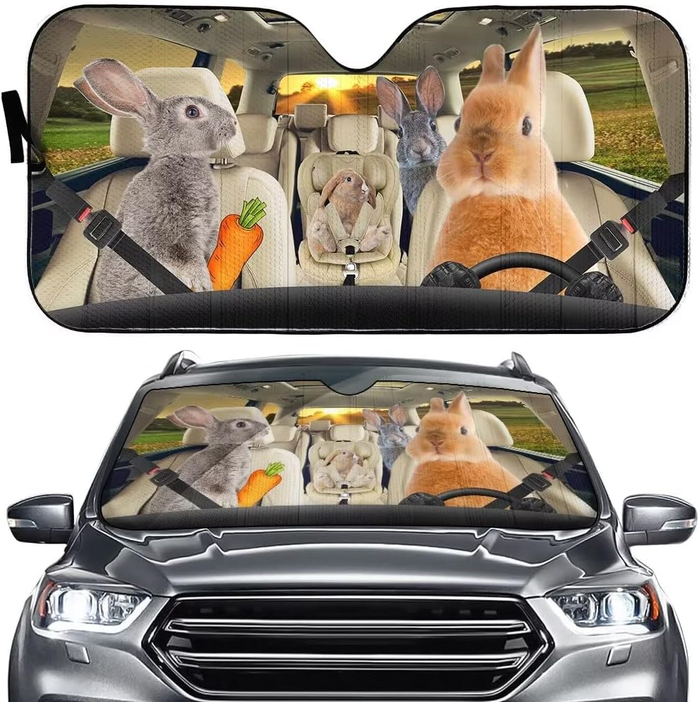 Rabbit Car Windshield Sun Shade Foldable Funny Car Front Window Sunshade,Pet Family Driver Auto Sunshield Animal Sun Shield Visor,Protector Block Cover for Car SUV Truck UV Rays 57x27.5 Inches