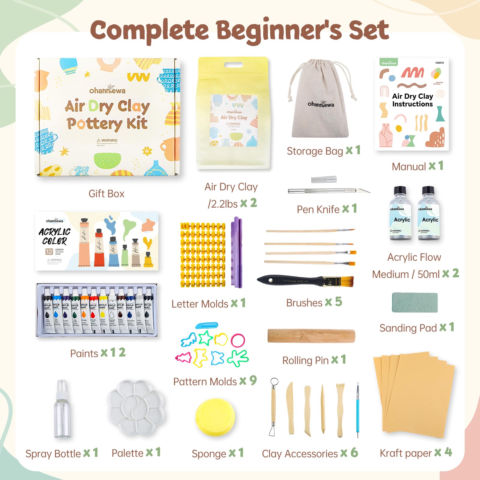 Ohanniewa Air Dry Clay Pottery Kit for Beginners, DIY Kit for Adults, Pottery Starter Kit for adults Includes 12 Paints, Tools, Paintbrush, Varnish, Sponge, Letter Molds and Guide, Air Drying Clay Kit