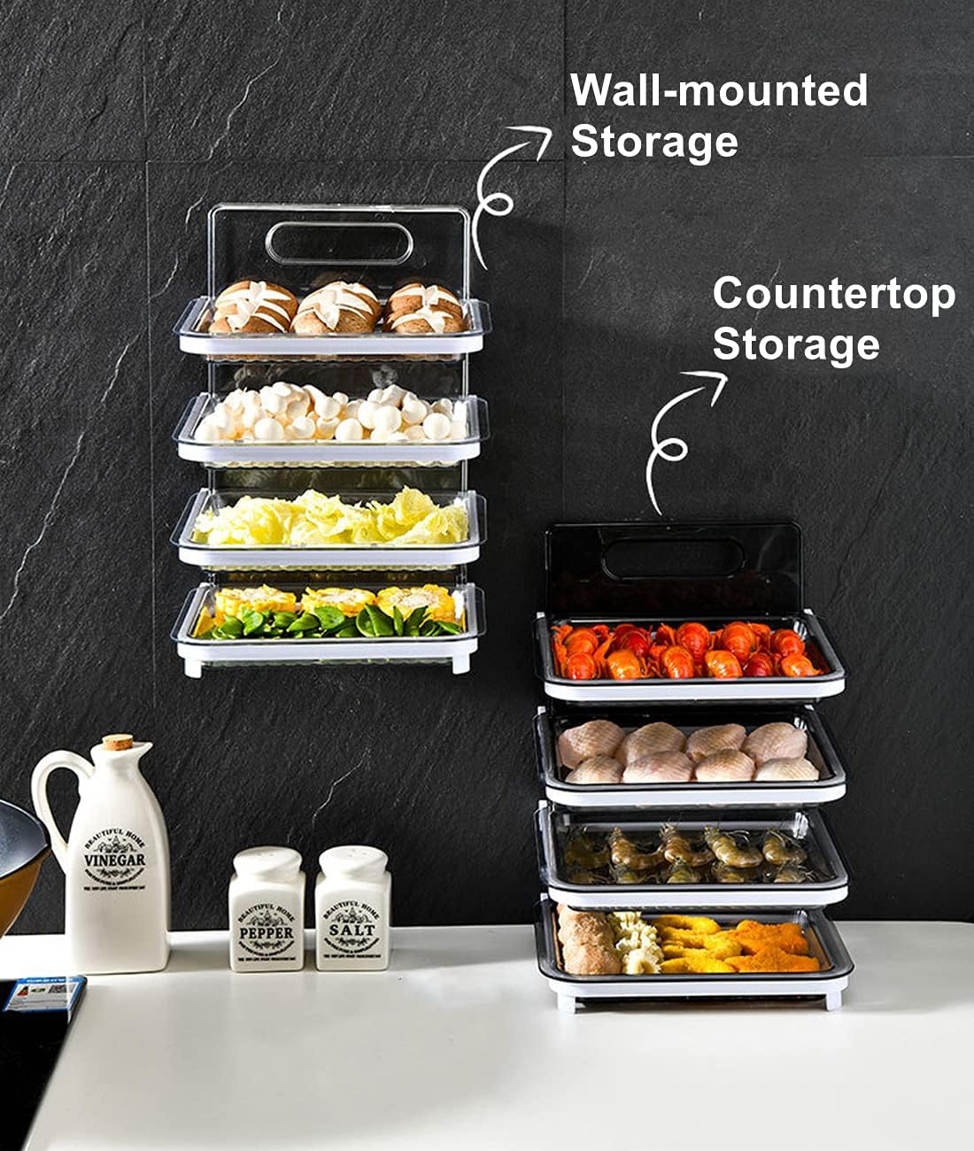 Xicennego Wall-Mounted Cooking Ingredients Organizer - 4 Layers - BPA Free - Foldable Cooking Tray Shelf Set, Side Dish Organizer for Kitchen Countertops(Transparent White)
