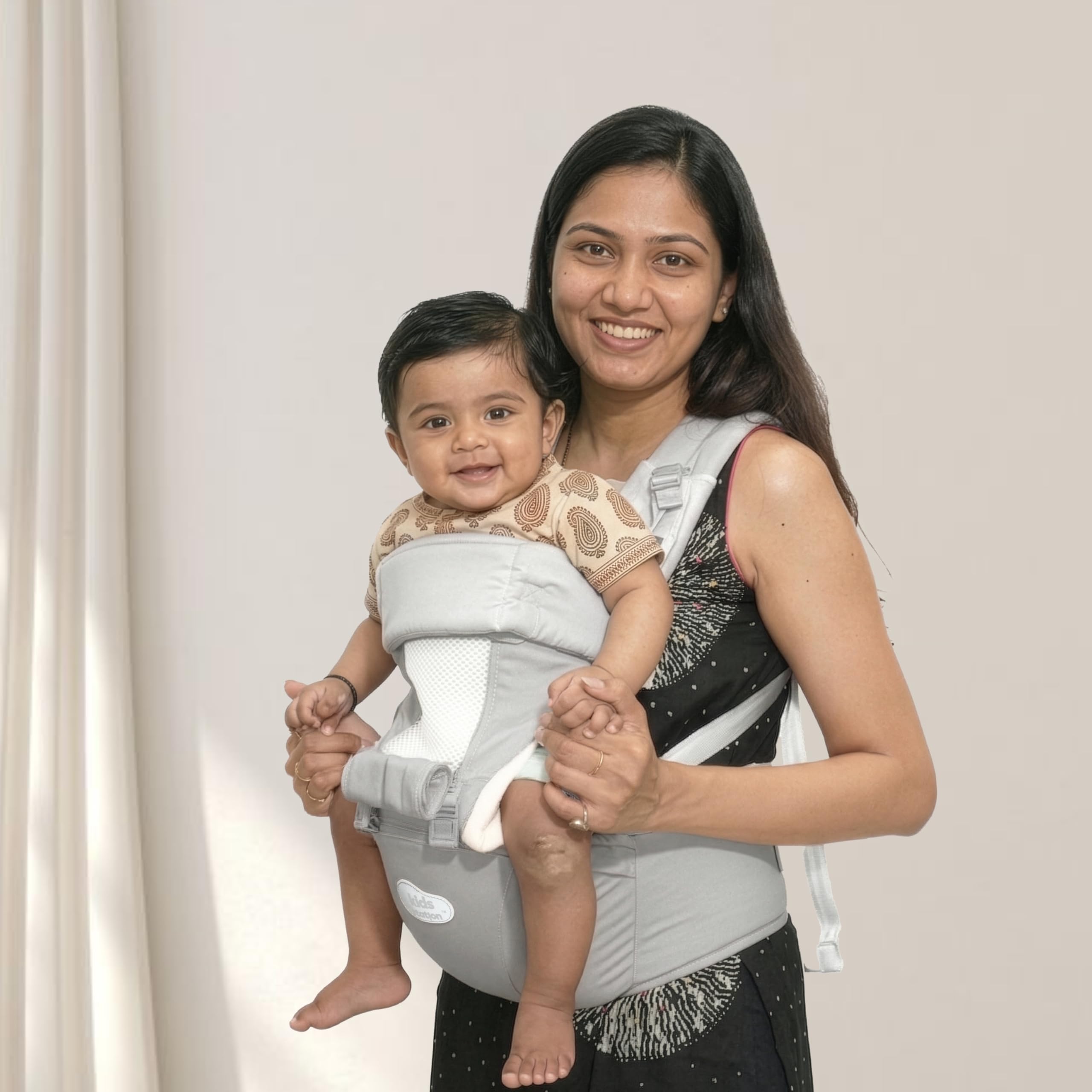 Kids Station Baby Carrier with 9 Carry Positions, Patented Design, Made of 100% Cotton, NO POLYESTER , Designed for Indian Environment with VENTILATION WINDOW Baby Carrier with Hip seat for 6 to 24 Months Baby, Adjustable New-Born to Toddler Carrier (Grey, All in One Hip Seat)-image-29