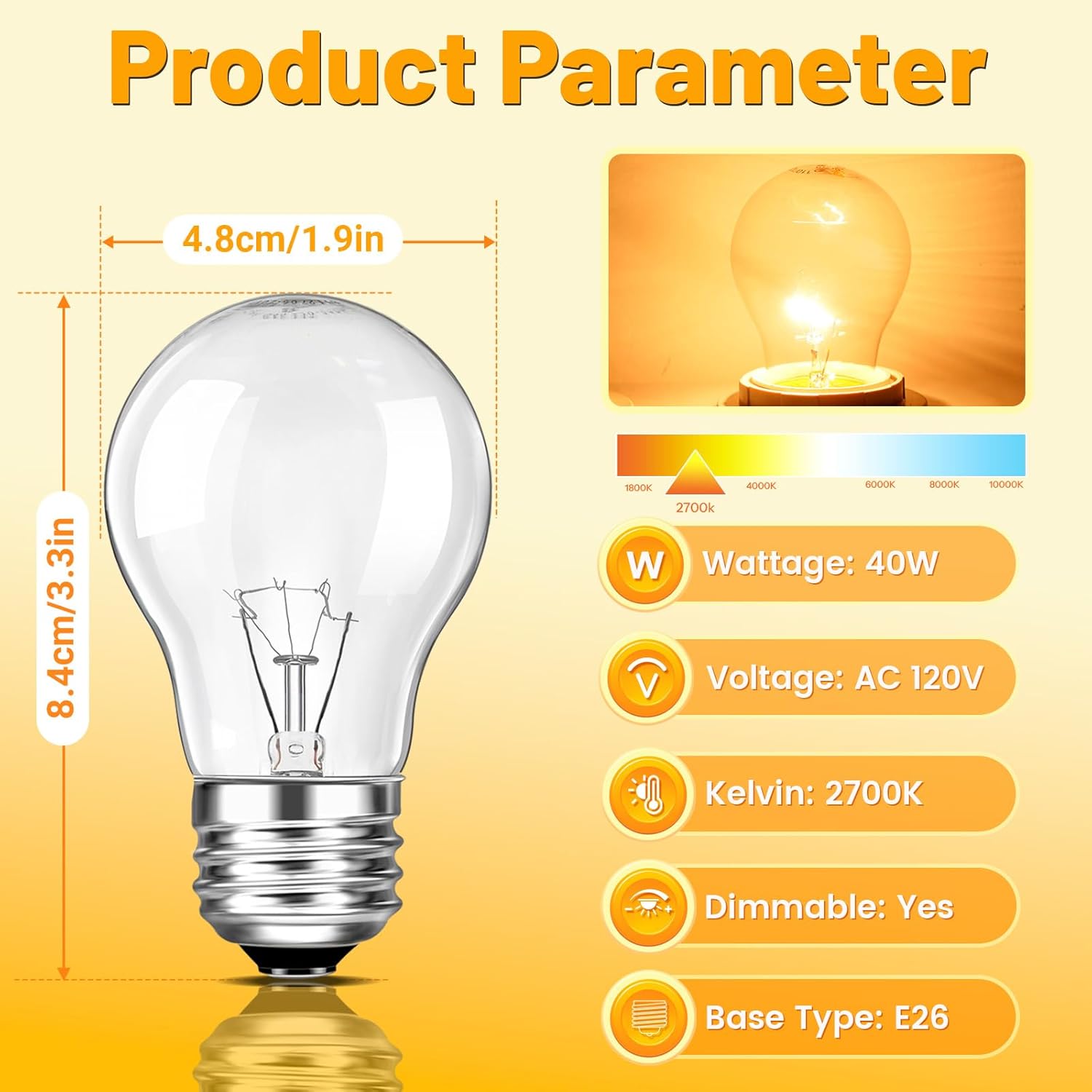 Oven Light Bulb Replacement, High Temp 300 °C Resistant, 120V 40W A15 Appliance Bulb for Oven Refrigerator Stove Microwave Range Hood Lava Lamp, 2700K Warm White, E26 Medium Base, 2-Pack