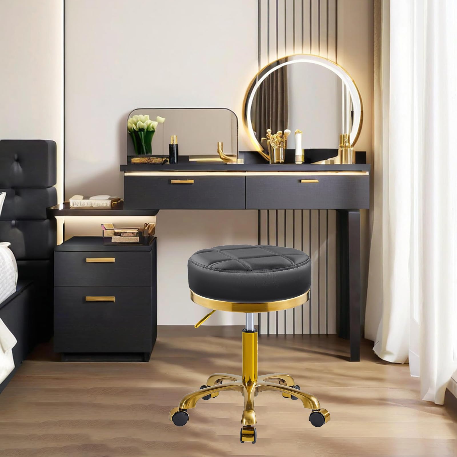 Sgabello con Ruote Oro Rotondo Girevole Sedia, Regolabile 45-58 cm, Comodo PU Similpelle Sgabelli per Trucco, Ufficio, Estetista, Capacità Carico 400 Libbra (Nero, Senza Schienale)