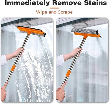 2-in-1 Adjustable Window Squeegee with Extendable Stainless Steel Pole, 30.7 inch-55 inch Height for Glass, Shower, Car Windshield and Glass Surface Cleaning