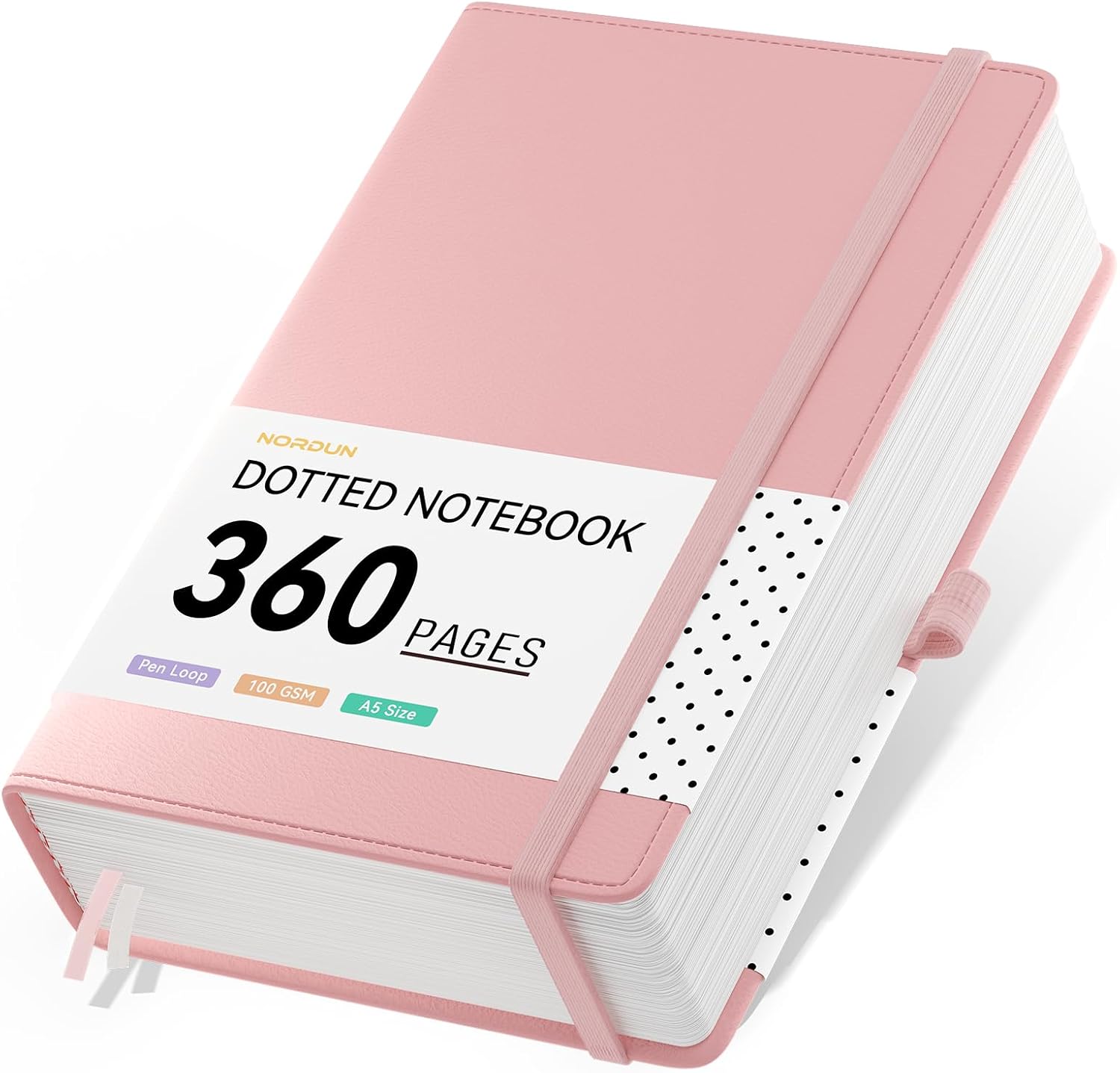Dotted Notebook A5 Thick Journal,360 Pages Pink Notebooks for Writing,100gsm Paper Hardcover Leather Journal for Women Men Office School Work,Sticky Tabs,14.5 x 21cm - PINK