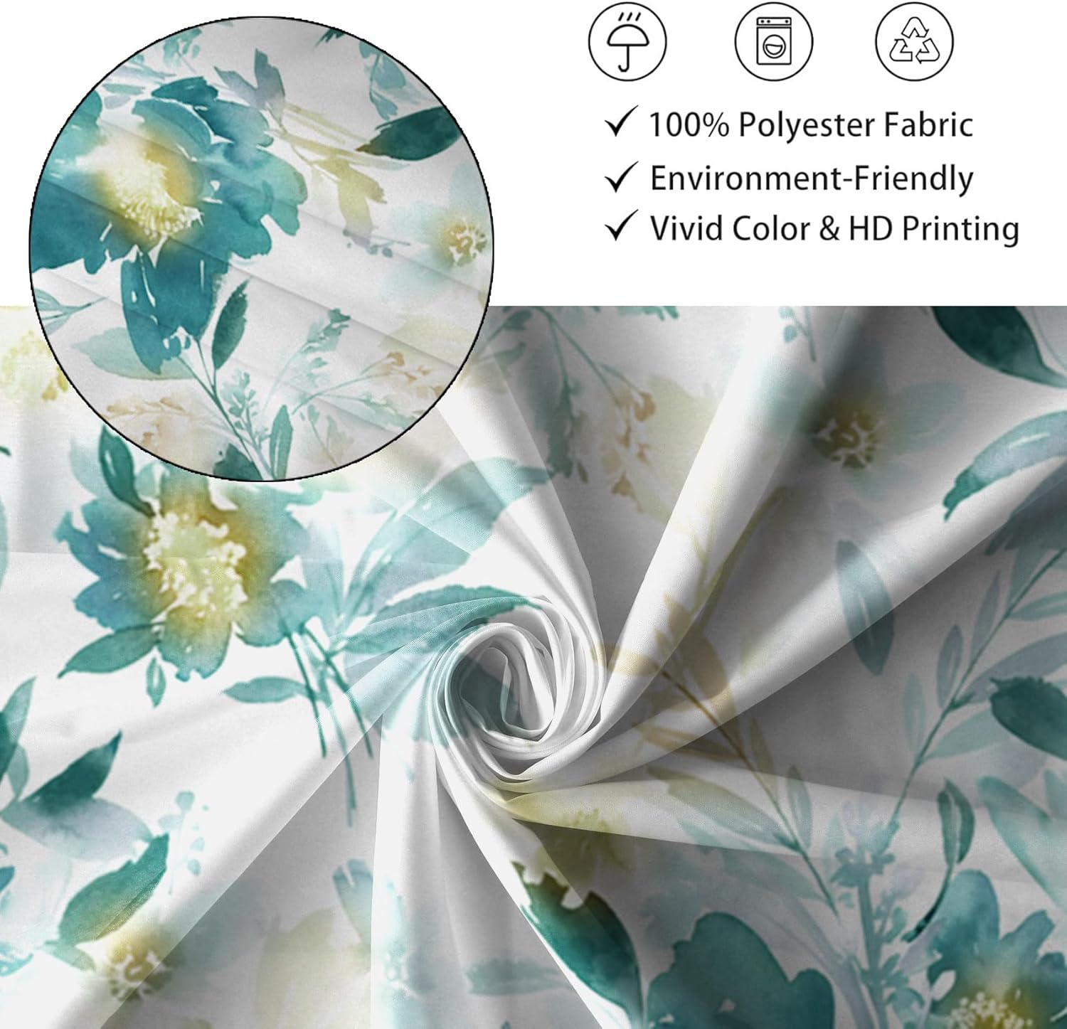 Renaiss 72x96 Inches Teal Blue Floral Shower Curtain Watercolor Flower Leaves Modern Minimalist Abstract Botanical Ink Art Fabric Shower Curtain for Bathroom Set Waterproof Polyester with Hooks