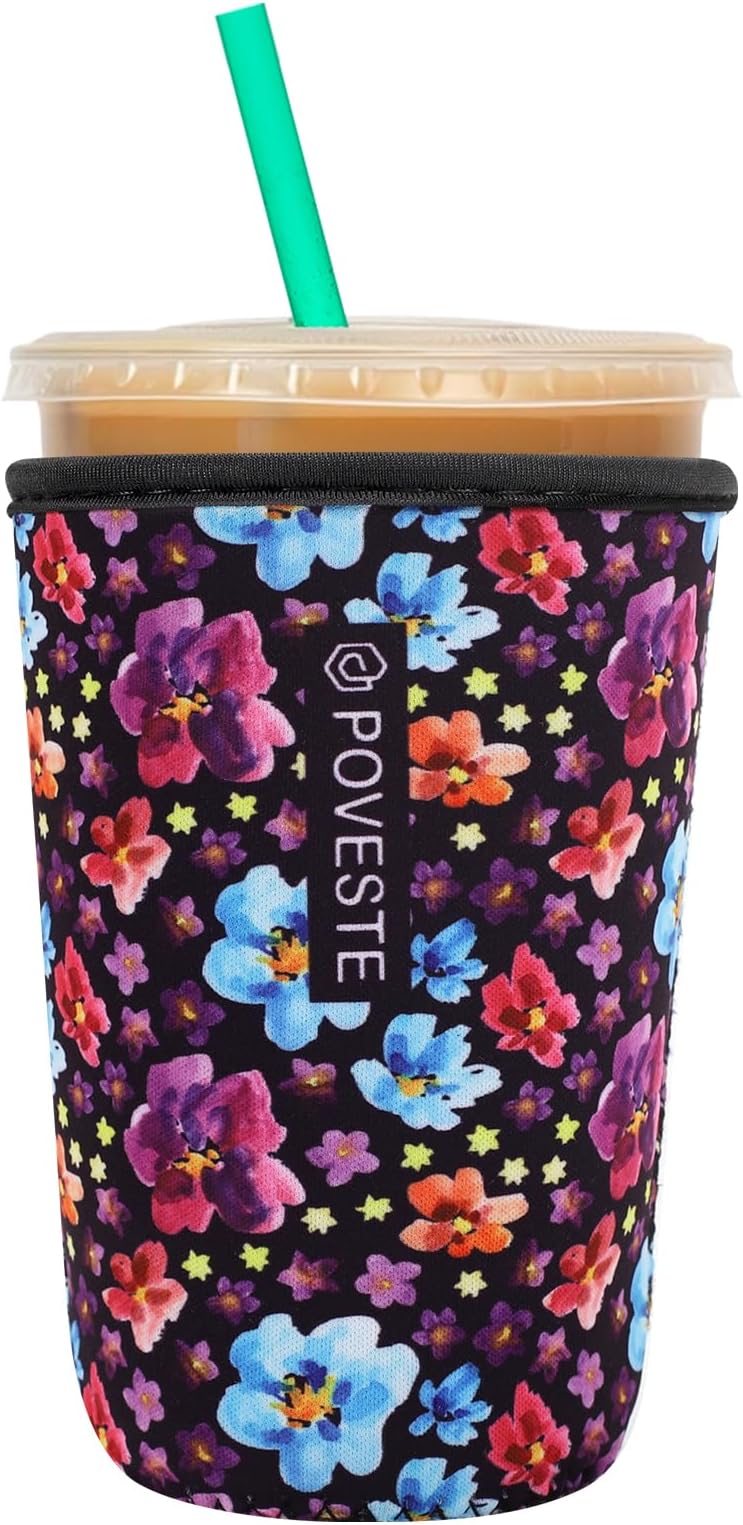 Reusable Neoprene Insulator Sleeve for Iced Coffee & Cold Soda, Coffee Sleeves for Iced & Hot Drinks, Cold Beverage Cooler Compatible with Starbucks, Dunkin (Purple Garden, Medium: 22-24oz)