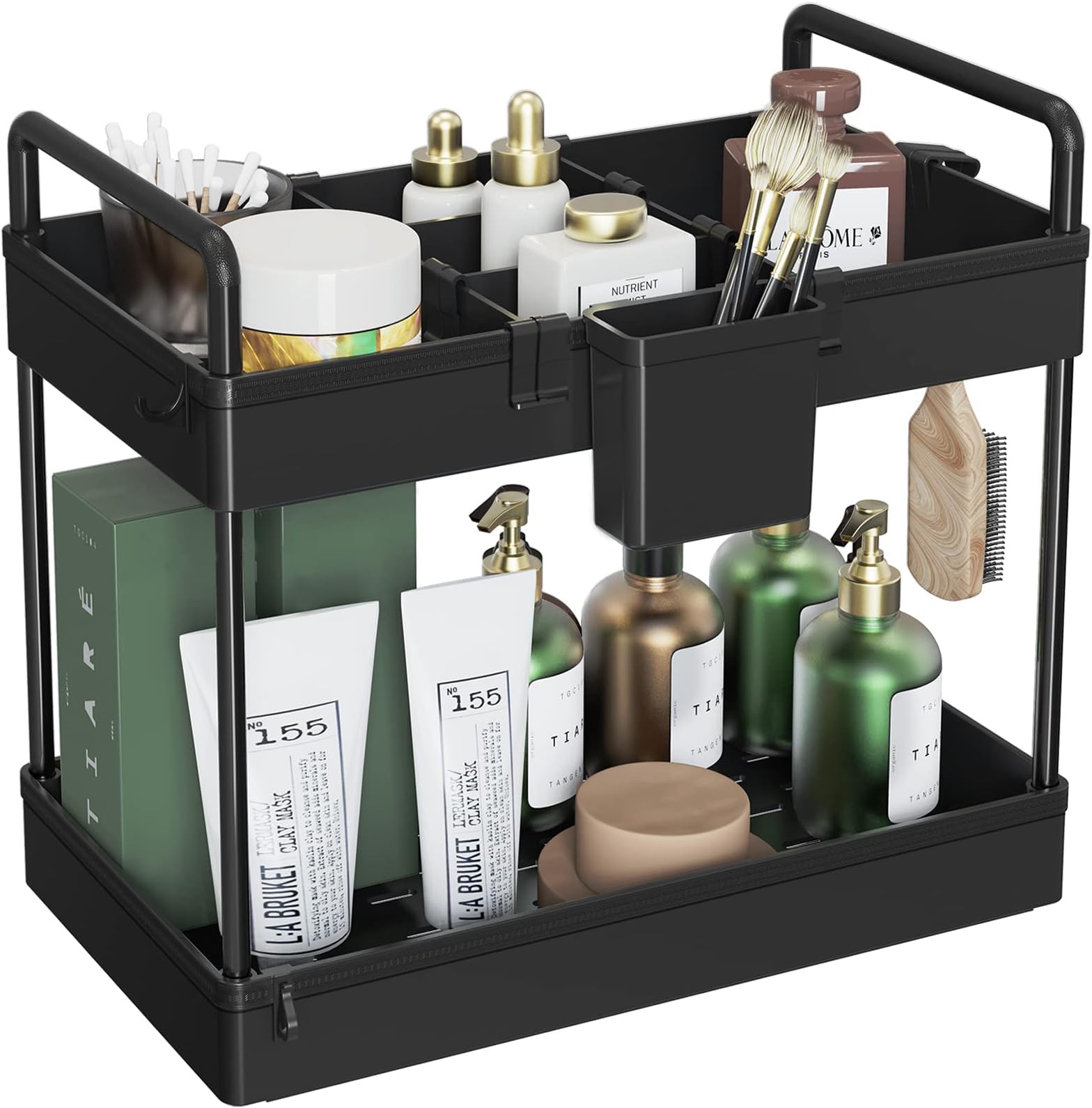 SOLEJAZZ Under Sink Organizer, Under Sink Organizers and Storage Multi-Purpose Under Cabinet Storage, 2 Tier Under Bathroom Cabinet Storage with Dividers, Hooks, Cup for Bathroom, Kitchen, Black