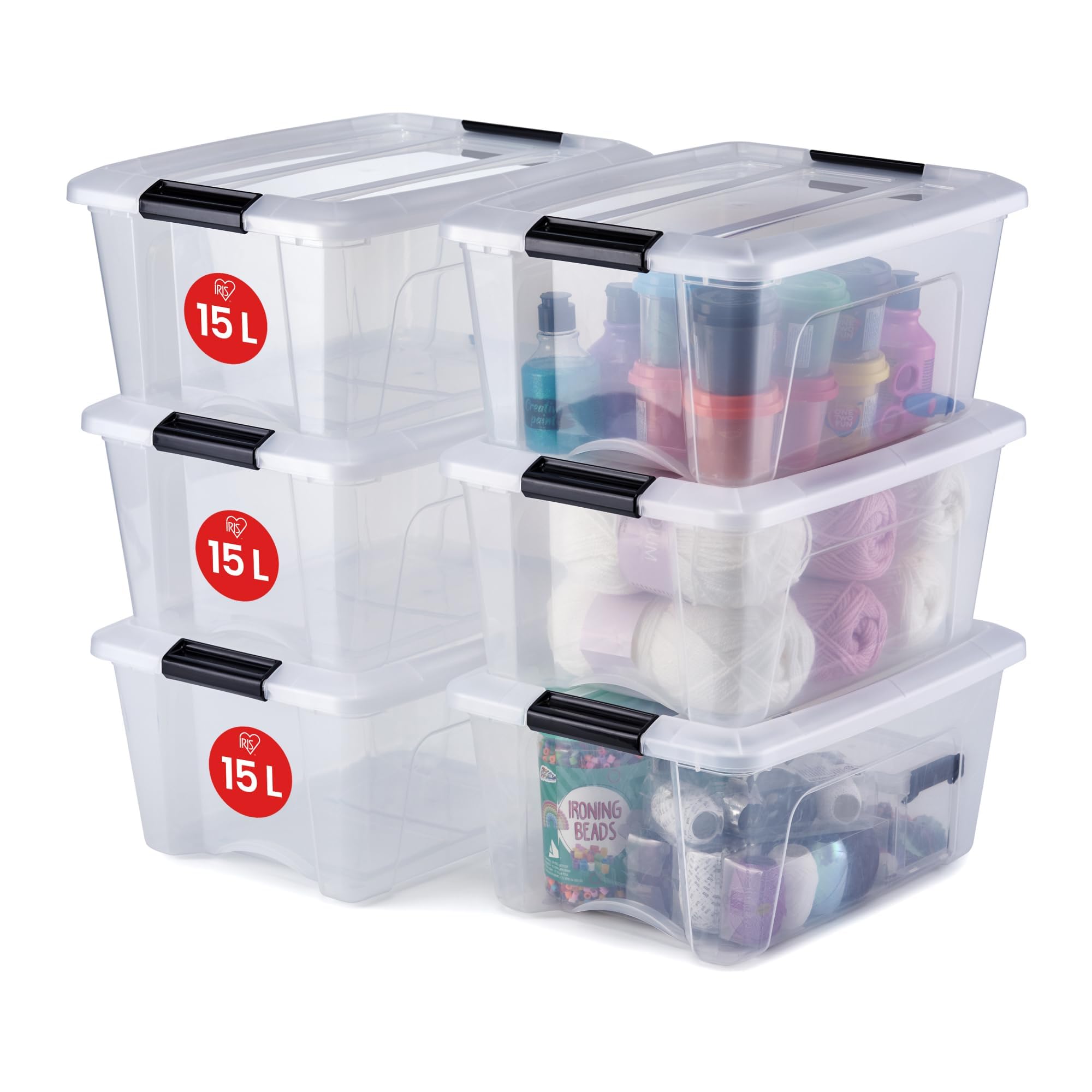 Iris Ohyama, Set of 6, Storage boxes, 15 L, with snap closure, stackable, living room, bedroom, garage - Current Top Box NTB-15 - Transparent