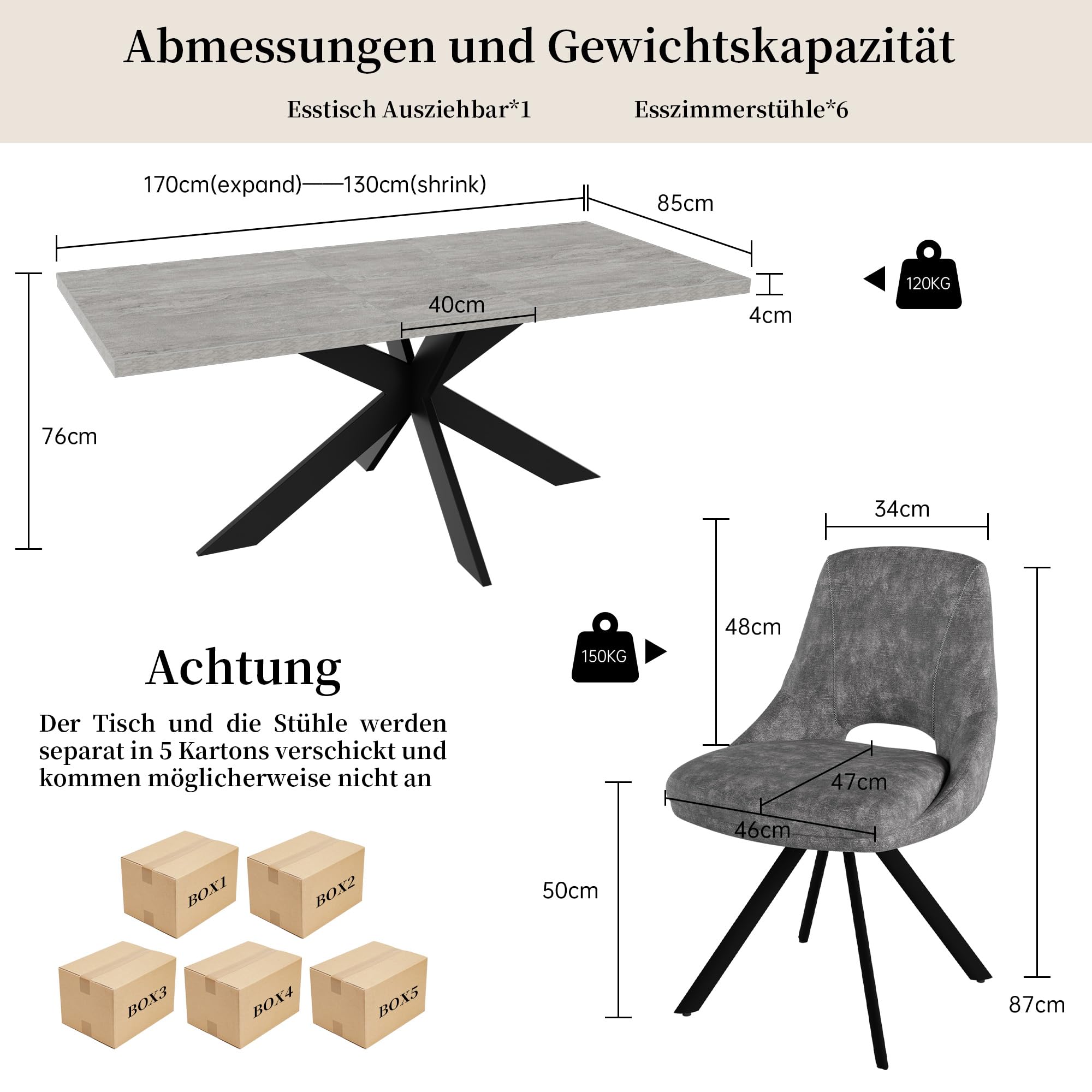 JIEXI Ensembles de salle à manger pour 4-6 personnes, table à manger extensible avec chaises, table moderne en bois MDF gris, adaptée pour le salon, la cuisine, les réunions avec beaucoup de personnes