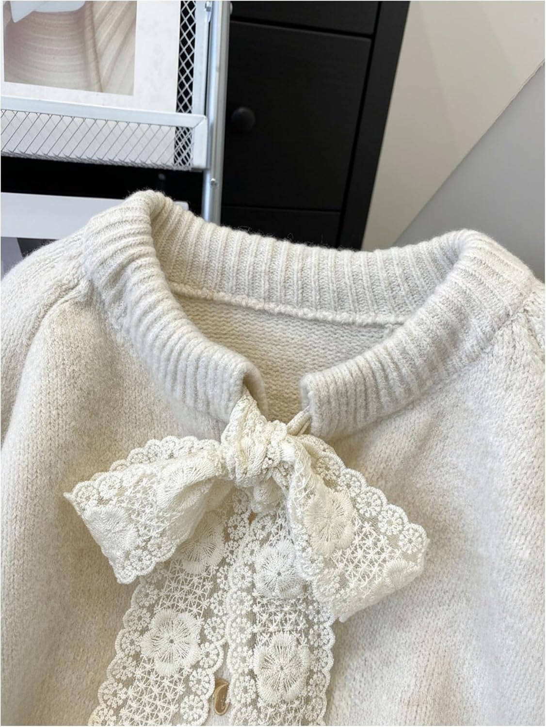 Verdusa Women's Lace Bow Cardigan Sweaters Button Up Cozy Warm Fall Winter Clothing Festival Outerwear