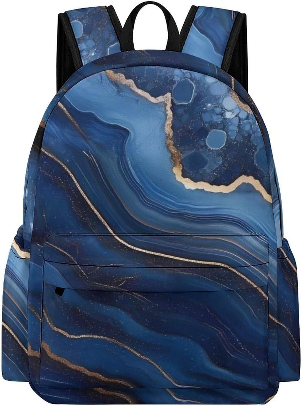 Gold Dark Blue Agate Print Travel Backpack Casual Daypack Lightweight Shoulder Bag with Front Pocket