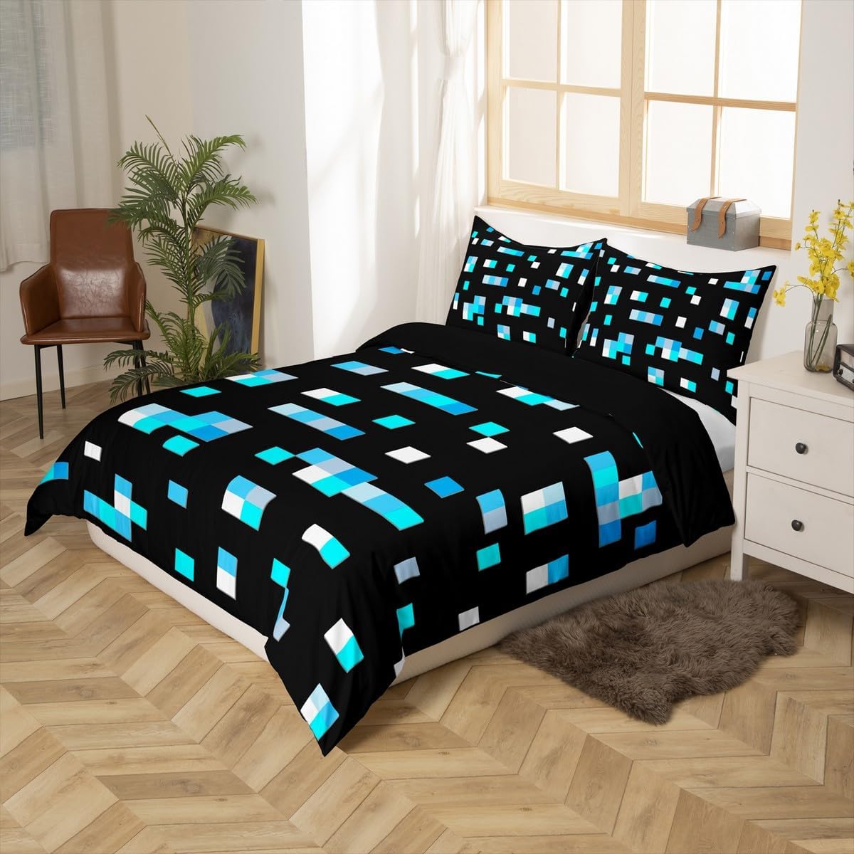 Castle Fairy Blue Miner Square Duvet Cover Twin Size,Geometric Grid Bedding Sets 2Pcs for Kids Girls Boys Adult Room Decor,Pixelated Games Comforter Cover Pixel Style Quilt Covers,1 Pillowcase