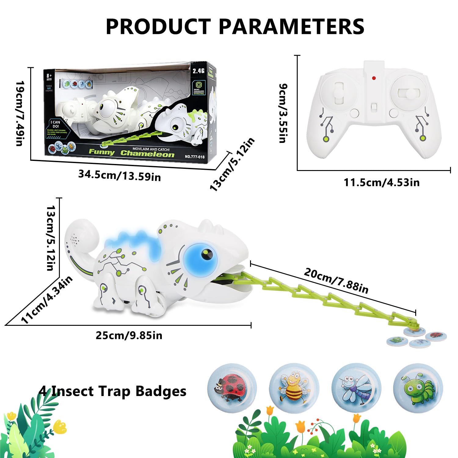 OSQI Interactive Remote Control Chameleon Simulation Toy for Kids - 2.4GHz RC Reptile with 5 Sound Effects, 12 Color Lights, Extending Tongue & Wagging Tail, Children Aged 3-12 Discovery Toys (White)