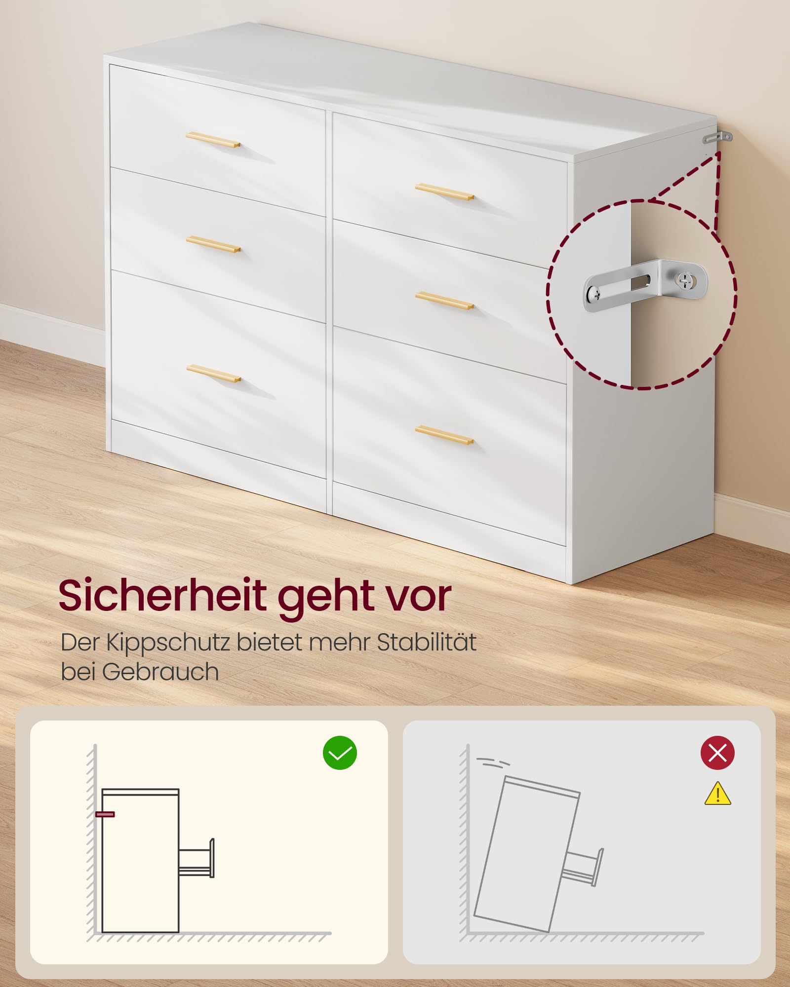 VASAGLE Custos Kollektion - Kommode, Kommodenschrank, modern, Sideboard, Aufbewahrungsschrank, für Wohnzimmer, Schlafzimmer, 6 Schubladen, 40 x 119 x 78 cm, wolkenweiß LTS416WB01