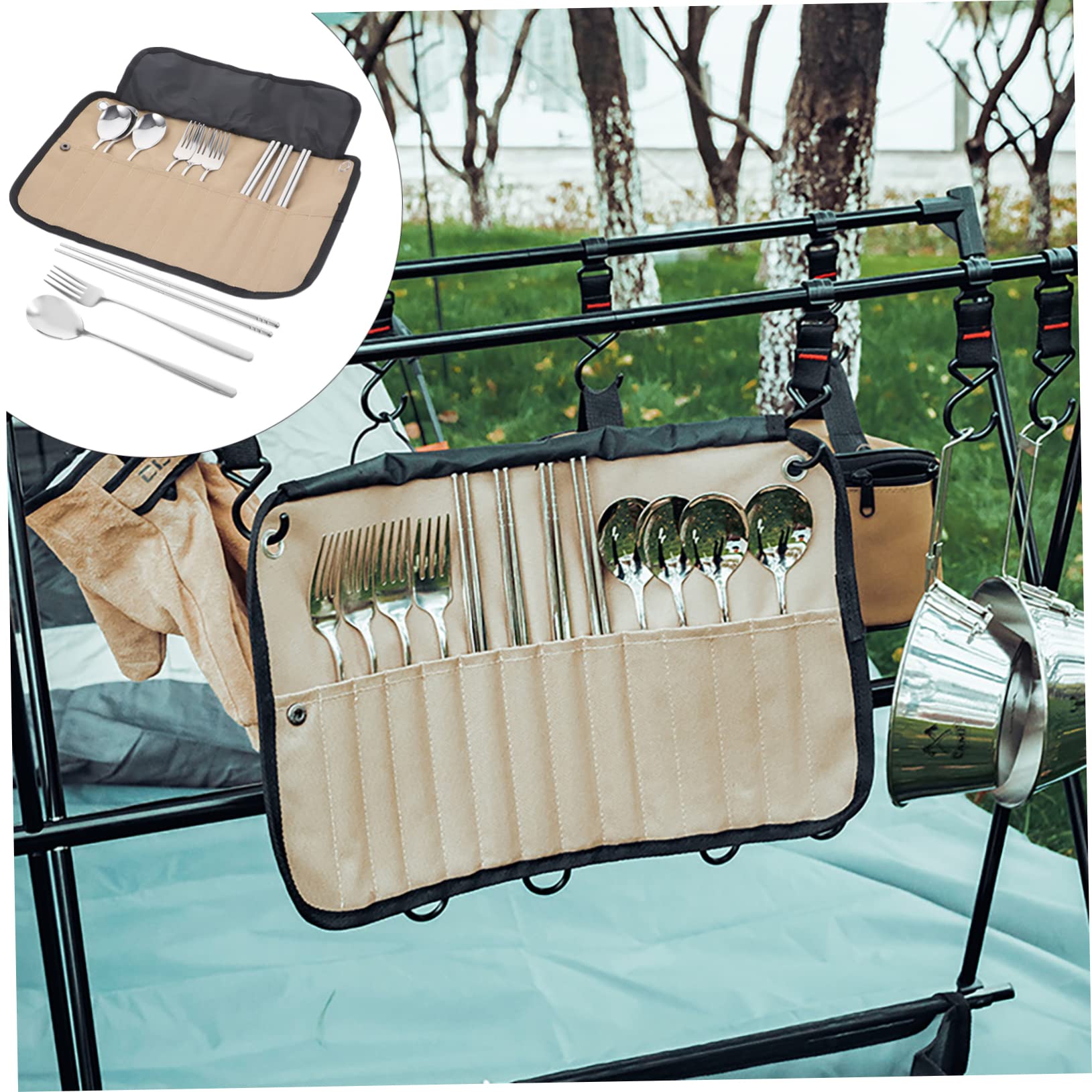 HEMOTON Posate Da Campeggio Utensili Da Tavola Custodia Kit Posate Campeggio Portatile Per Barbecue Picnic Escursionismo Organizzatore Per Stoviglie